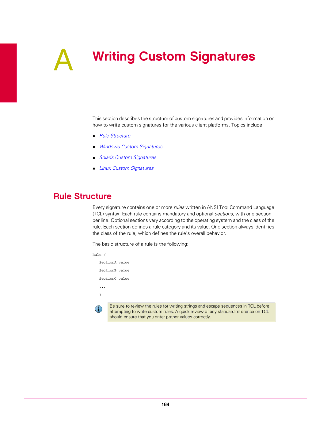 McAfee 6.1 manual Writing Custom Signatures, Rule Structure, Basic structure of a rule is the following, 164 