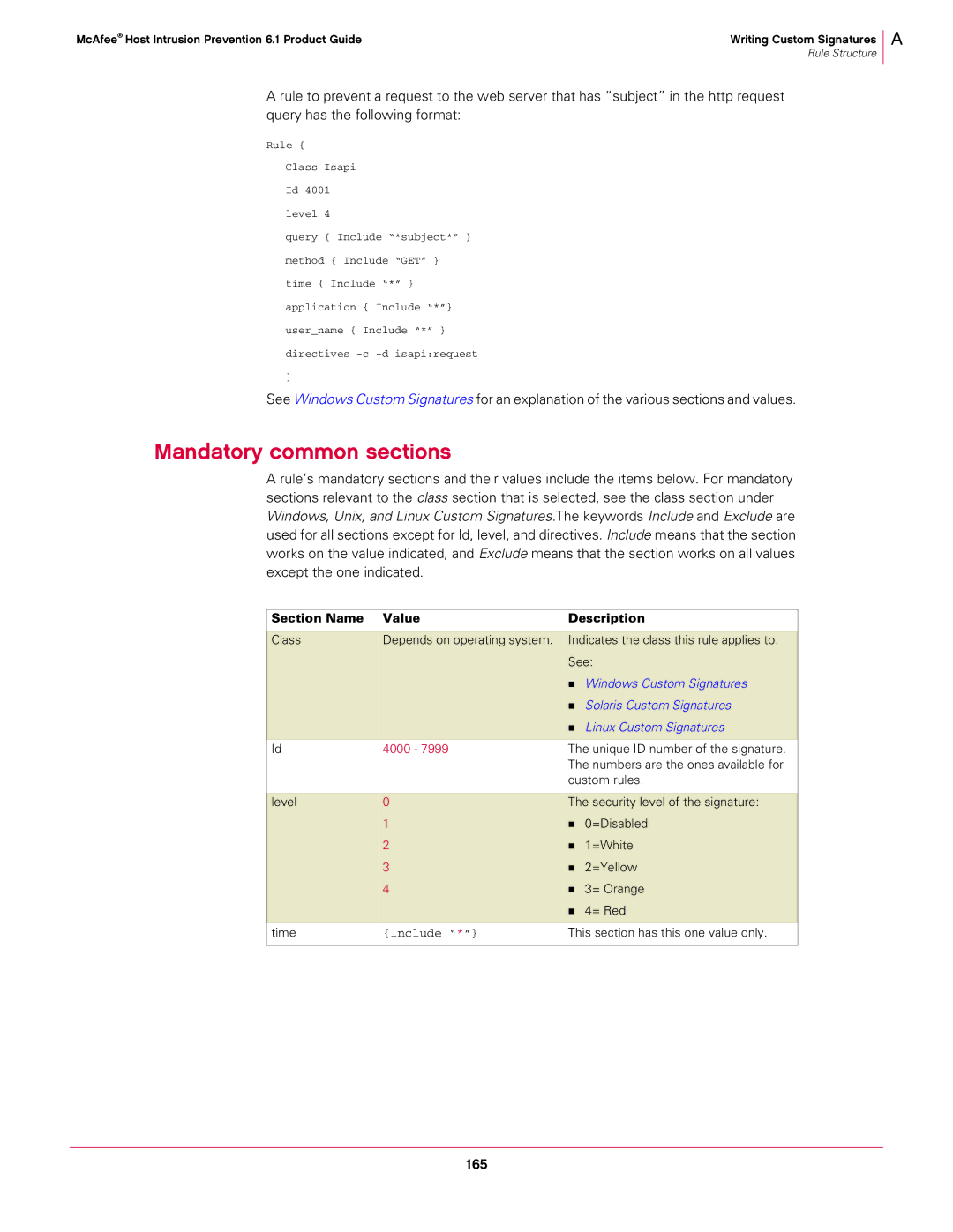 McAfee 6.1 manual Mandatory common sections, 165, Section Name Value Description 