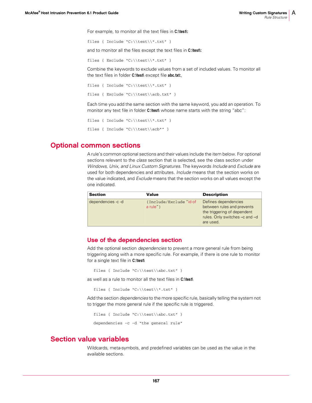 McAfee 6.1 manual Optional common sections, Section value variables, Use of the dependencies section 