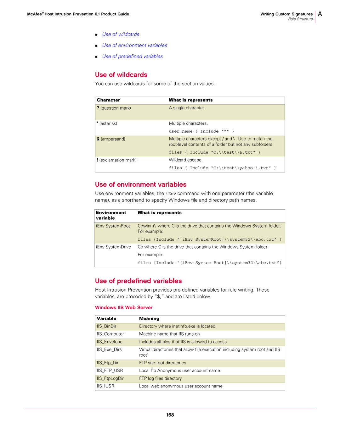 McAfee 6.1 manual Use of wildcards, Use of environment variables, Use of predefined variables, Windows IIS Web Server 