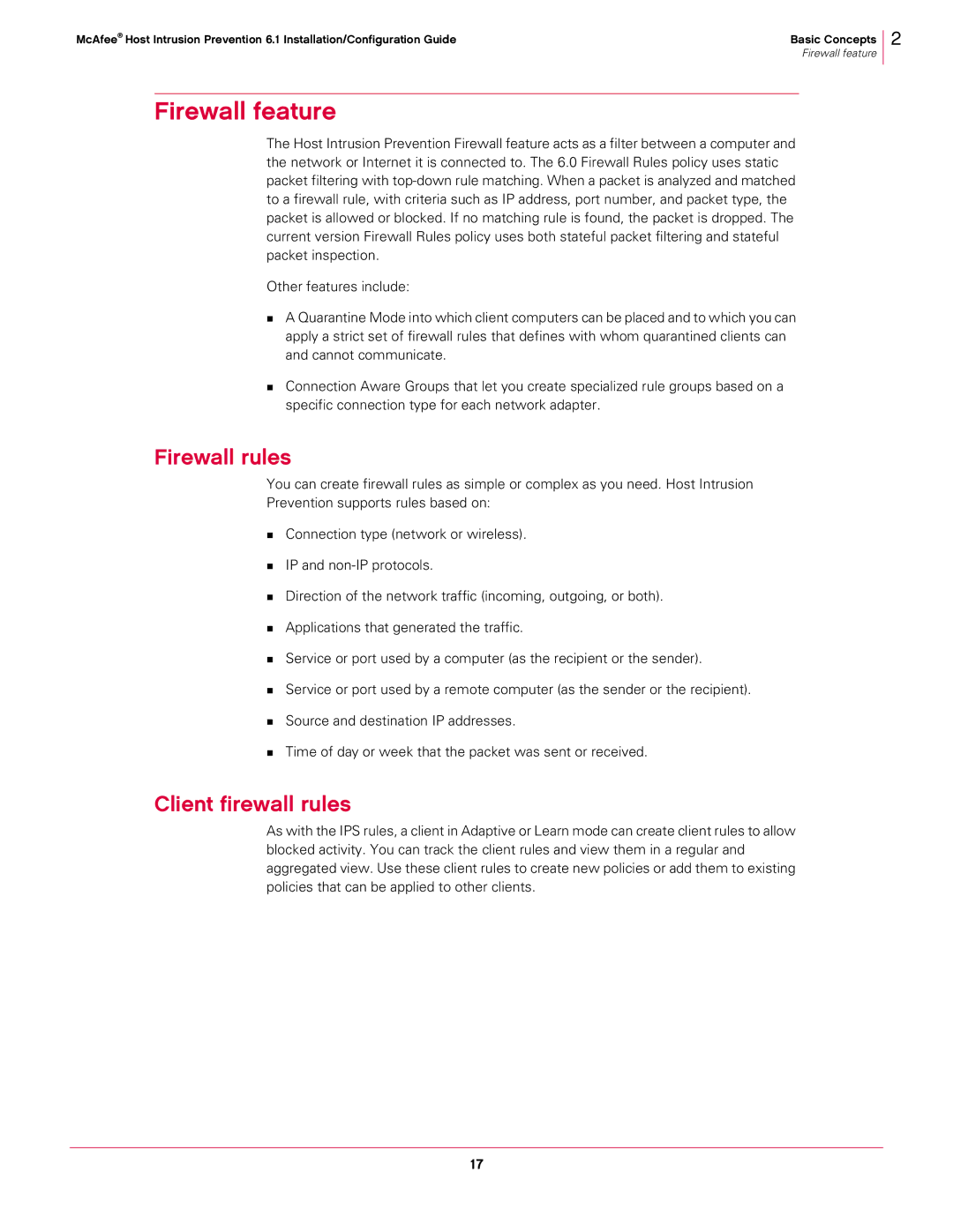 McAfee 6.1 manual Firewall feature, Firewall rules, Client firewall rules 