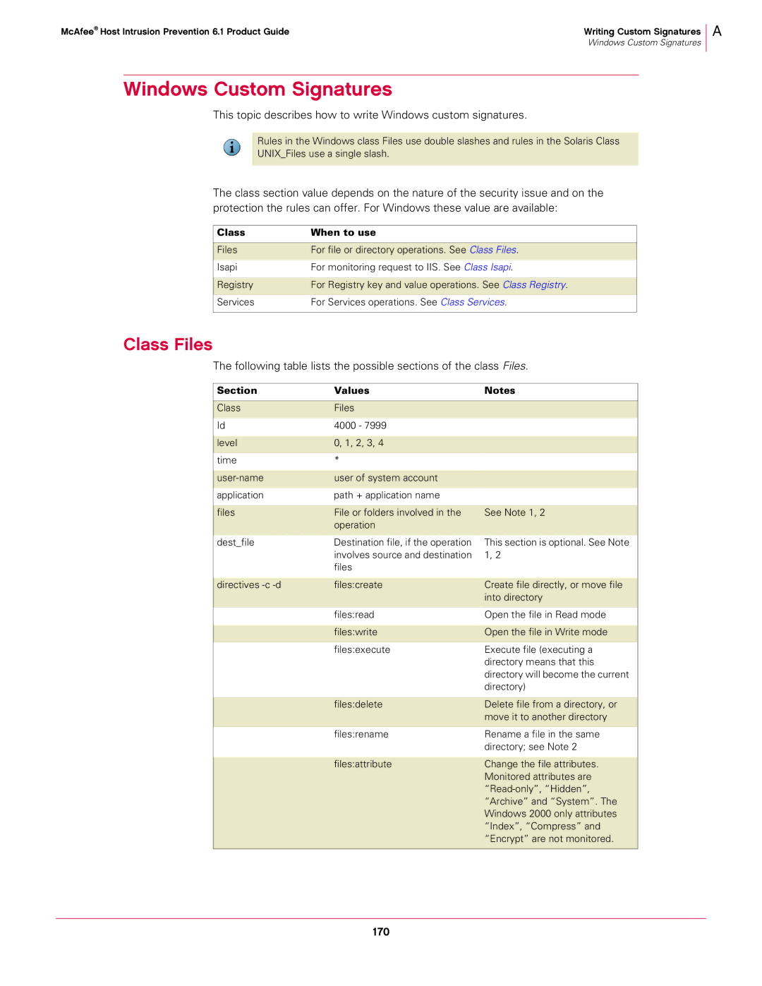 McAfee 6.1 manual Windows Custom Signatures, Class Files, This topic describes how to write Windows custom signatures, 170 