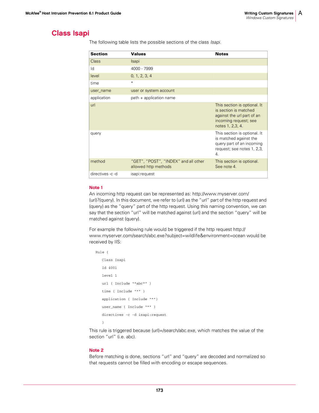 McAfee 6.1 manual Class Isapi, Section Values 