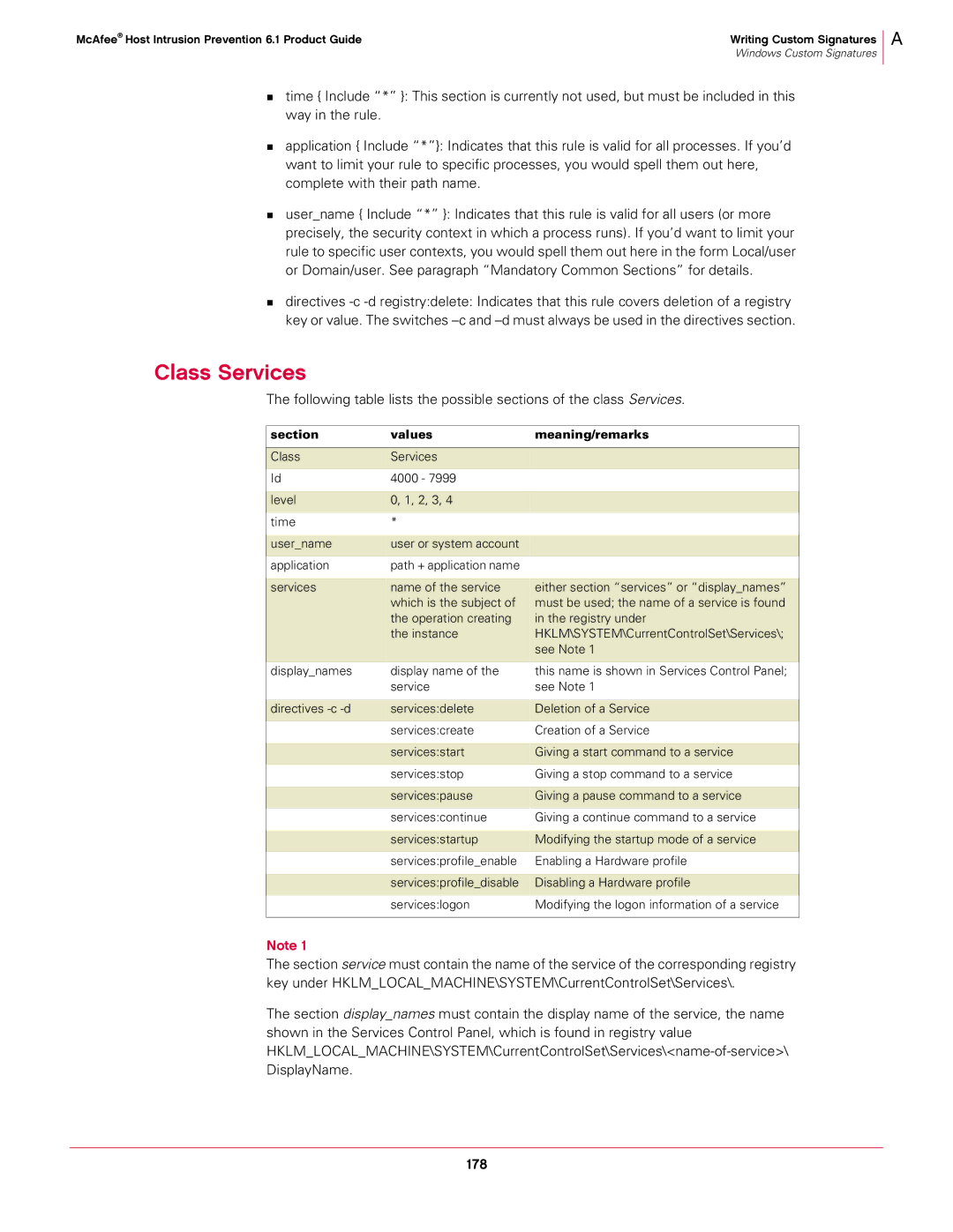 McAfee 6.1 manual Class Services, Section Values Meaning/remarks 