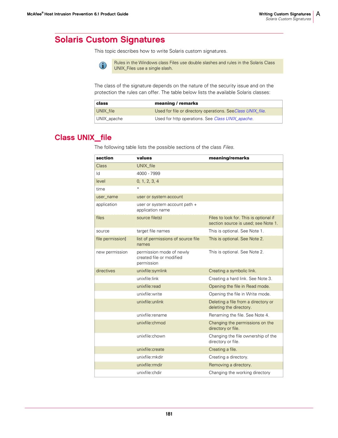 McAfee 6.1 Solaris Custom Signatures, Class UNIXfile, This topic describes how to write Solaris custom signatures, 181 