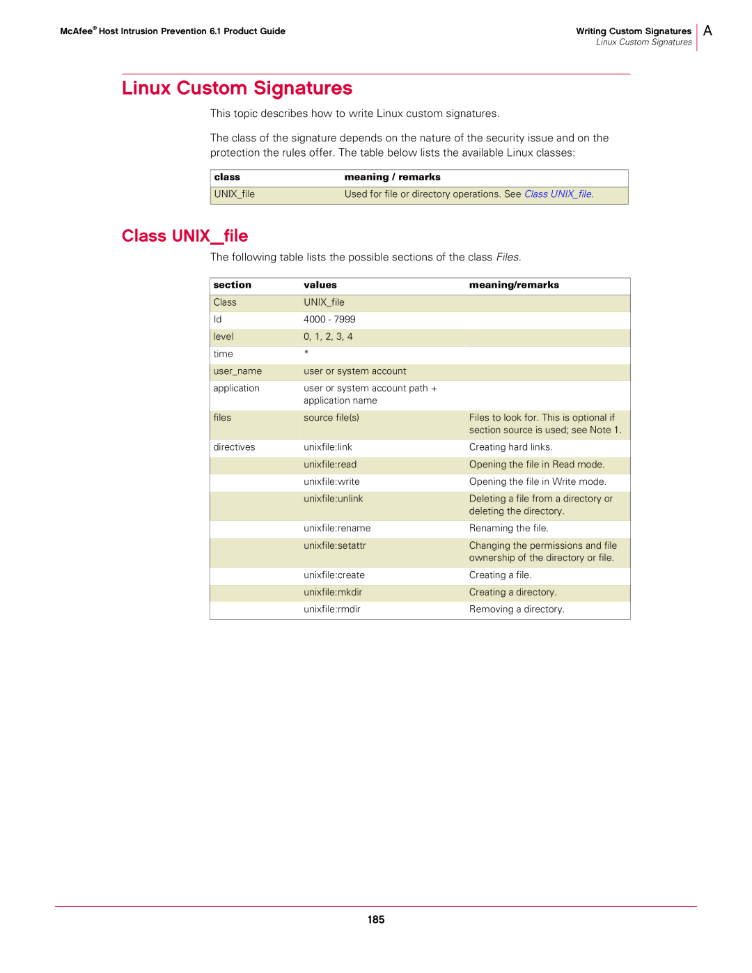 McAfee 6.1 manual Linux Custom Signatures, 185 