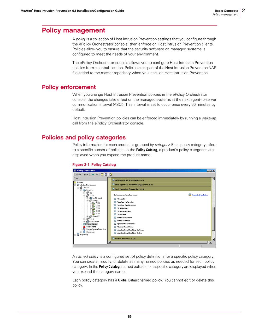 McAfee 6.1 manual Policy management, Policy enforcement, Policies and policy categories 