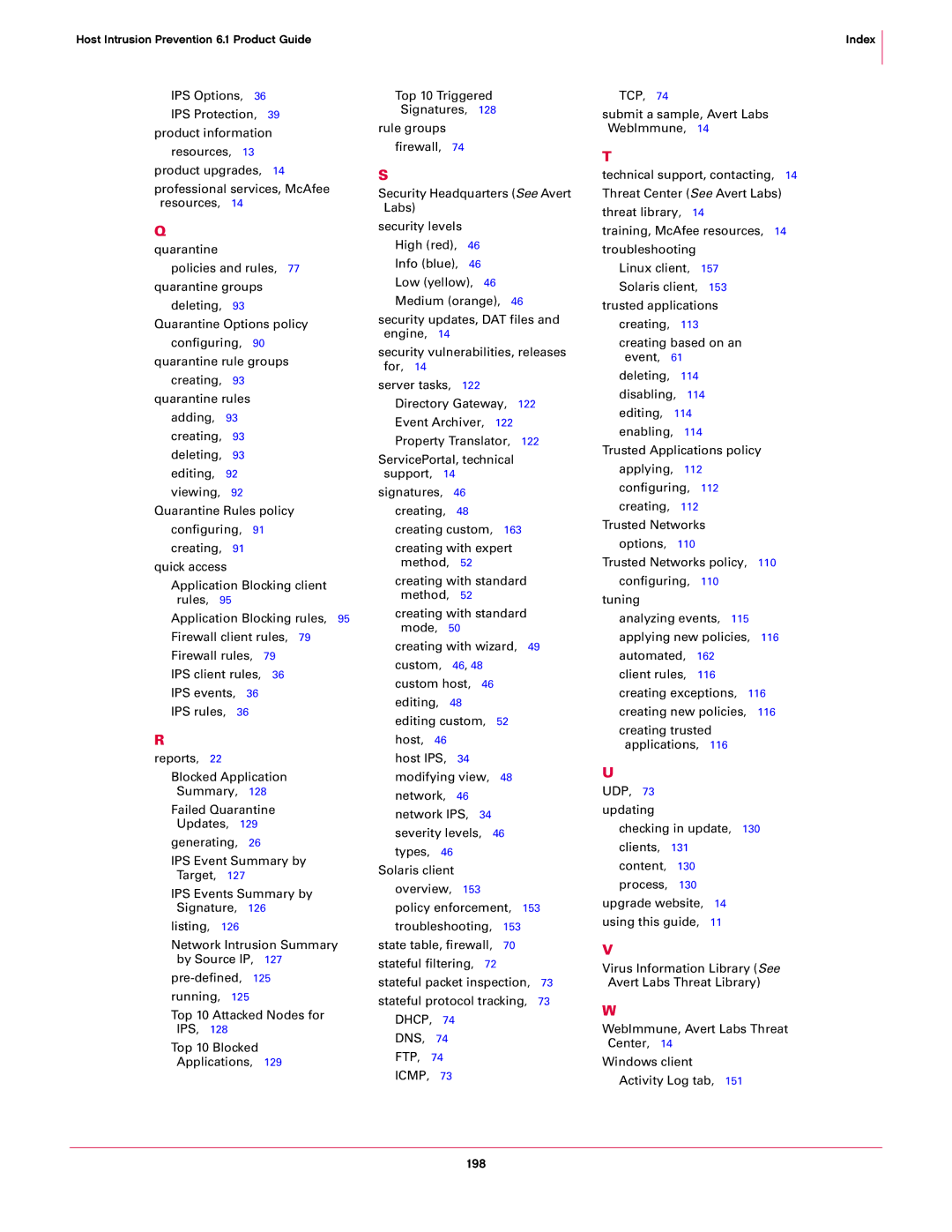 McAfee 6.1 manual Signatures, 46 creating, 48 creating custom 