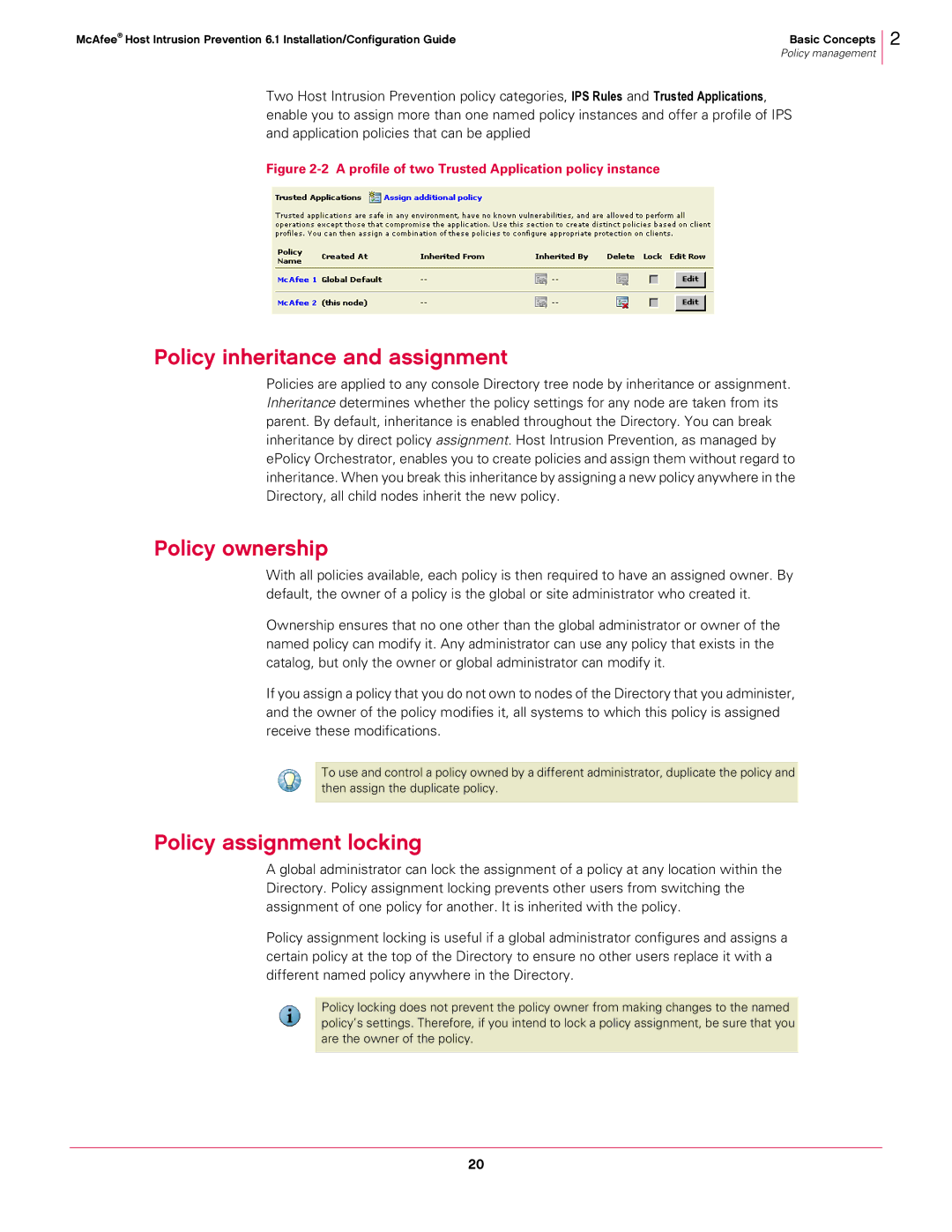 McAfee 6.1 manual Policy inheritance and assignment, Policy ownership, Policy assignment locking 