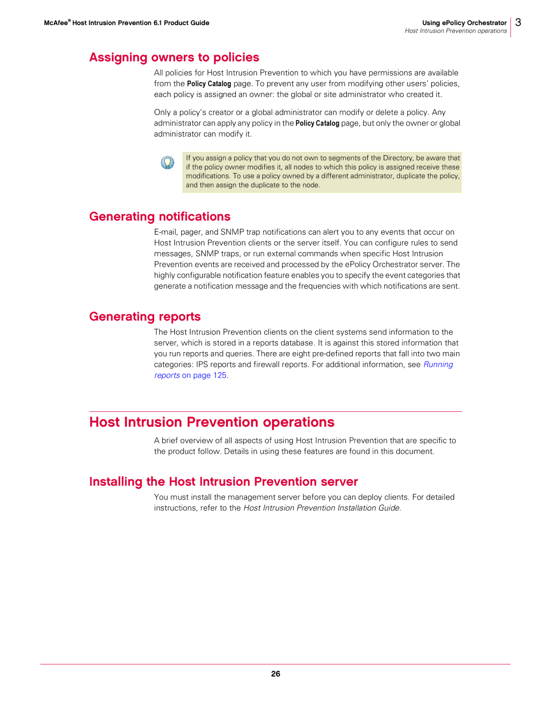 McAfee 6.1 manual Host Intrusion Prevention operations, Assigning owners to policies, Generating notifications 