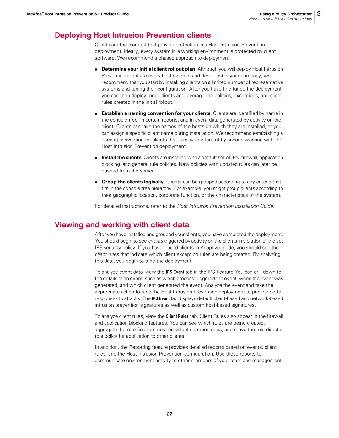 McAfee 6.1 manual Deploying Host Intrusion Prevention clients, Viewing and working with client data 