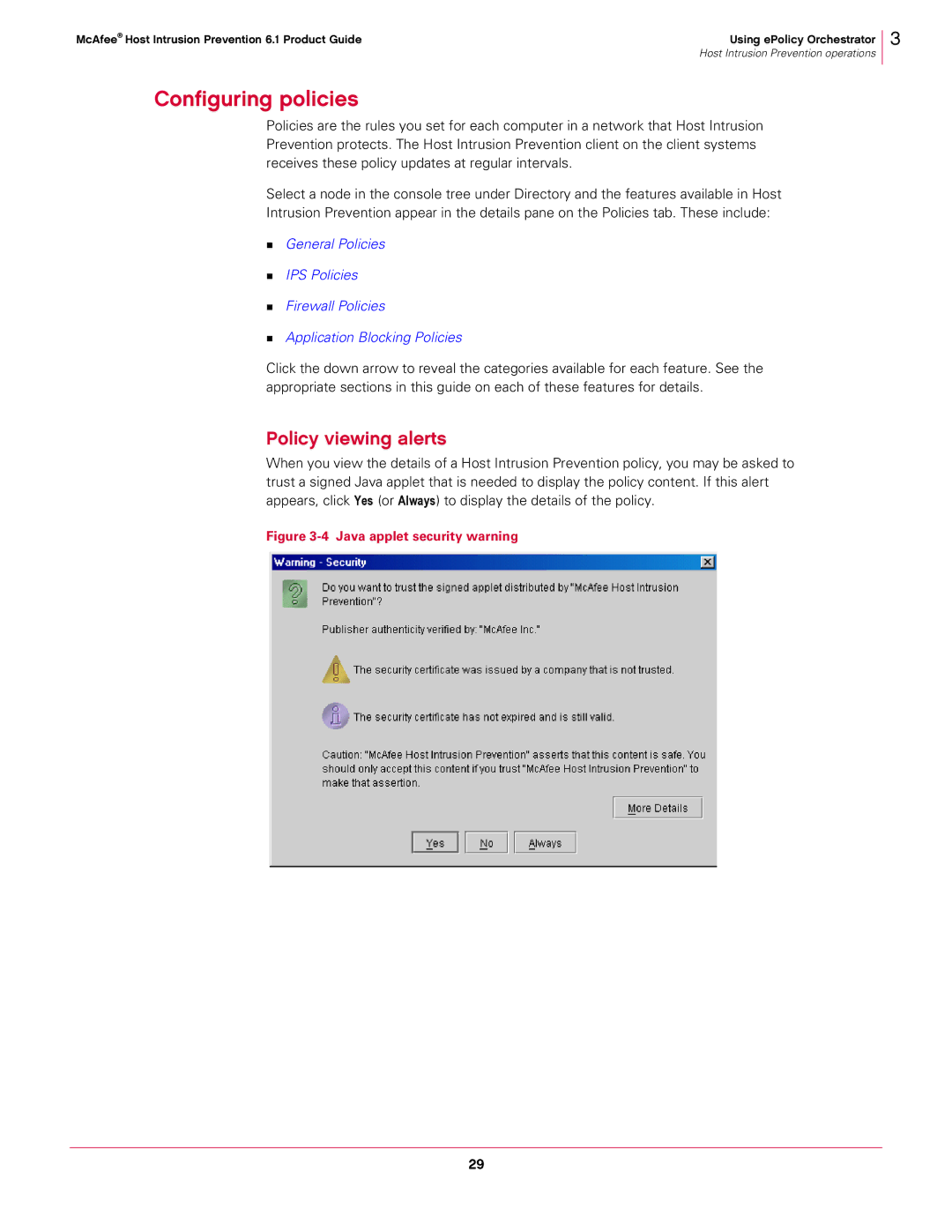 McAfee 6.1 manual Configuring policies, Policy viewing alerts 