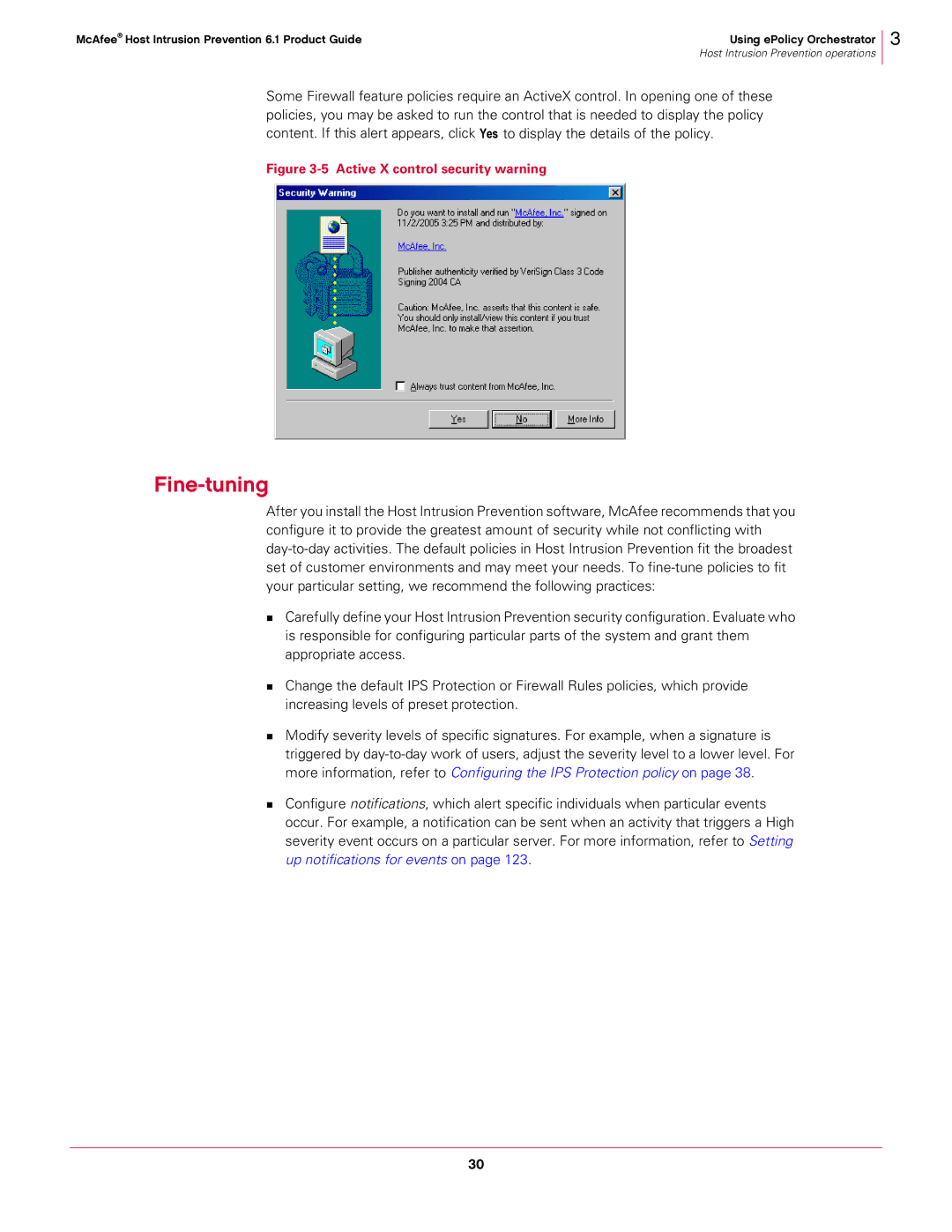 McAfee 6.1 manual Fine-tuning, Active X control security warning 