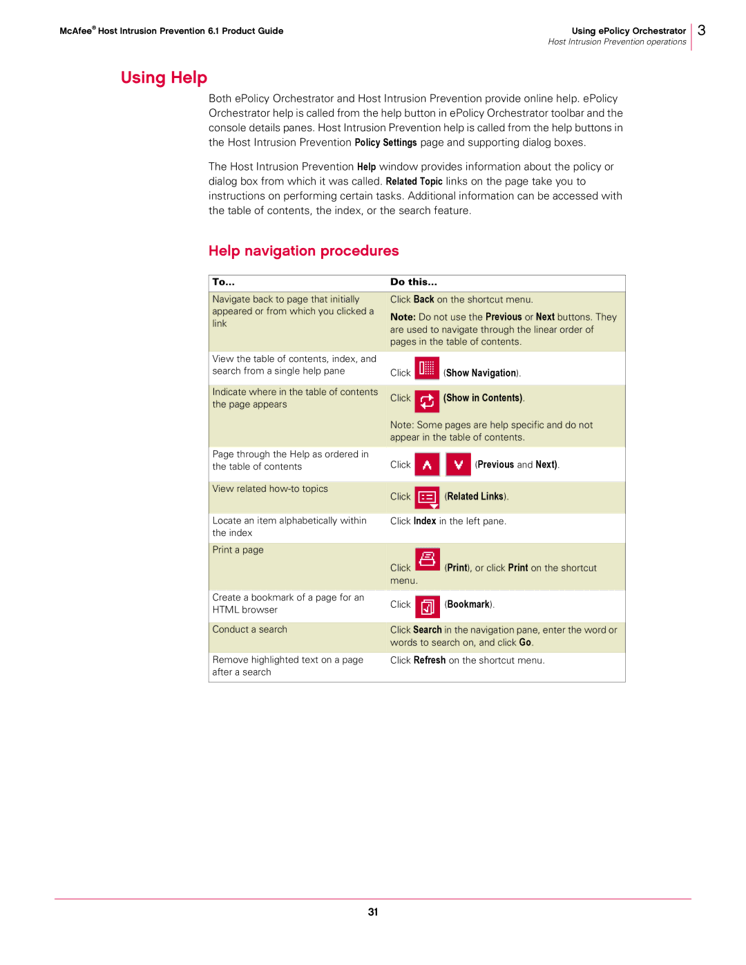 McAfee 6.1 manual Using Help, Help navigation procedures 