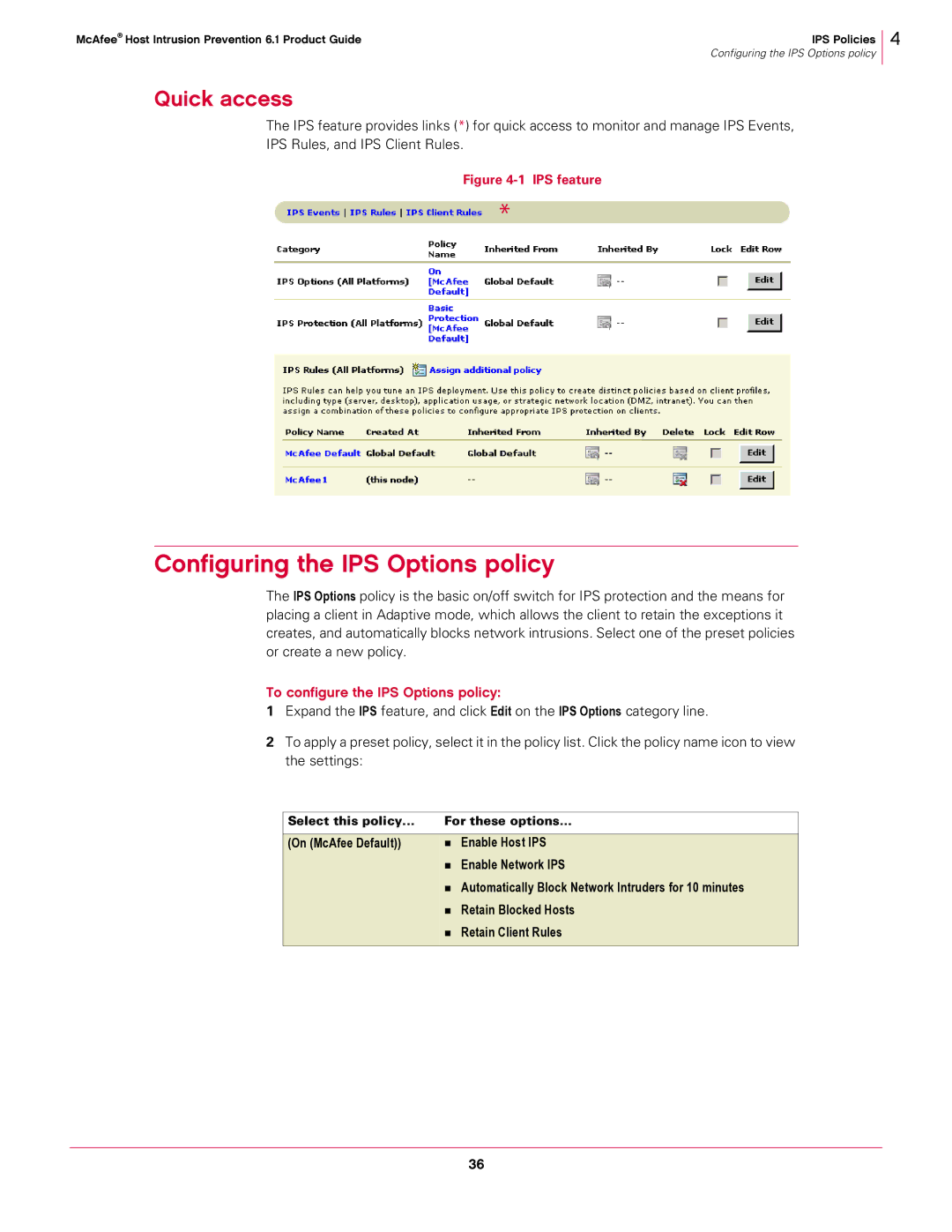 McAfee 6.1 manual Configuring the IPS Options policy, Quick access, To configure the IPS Options policy 