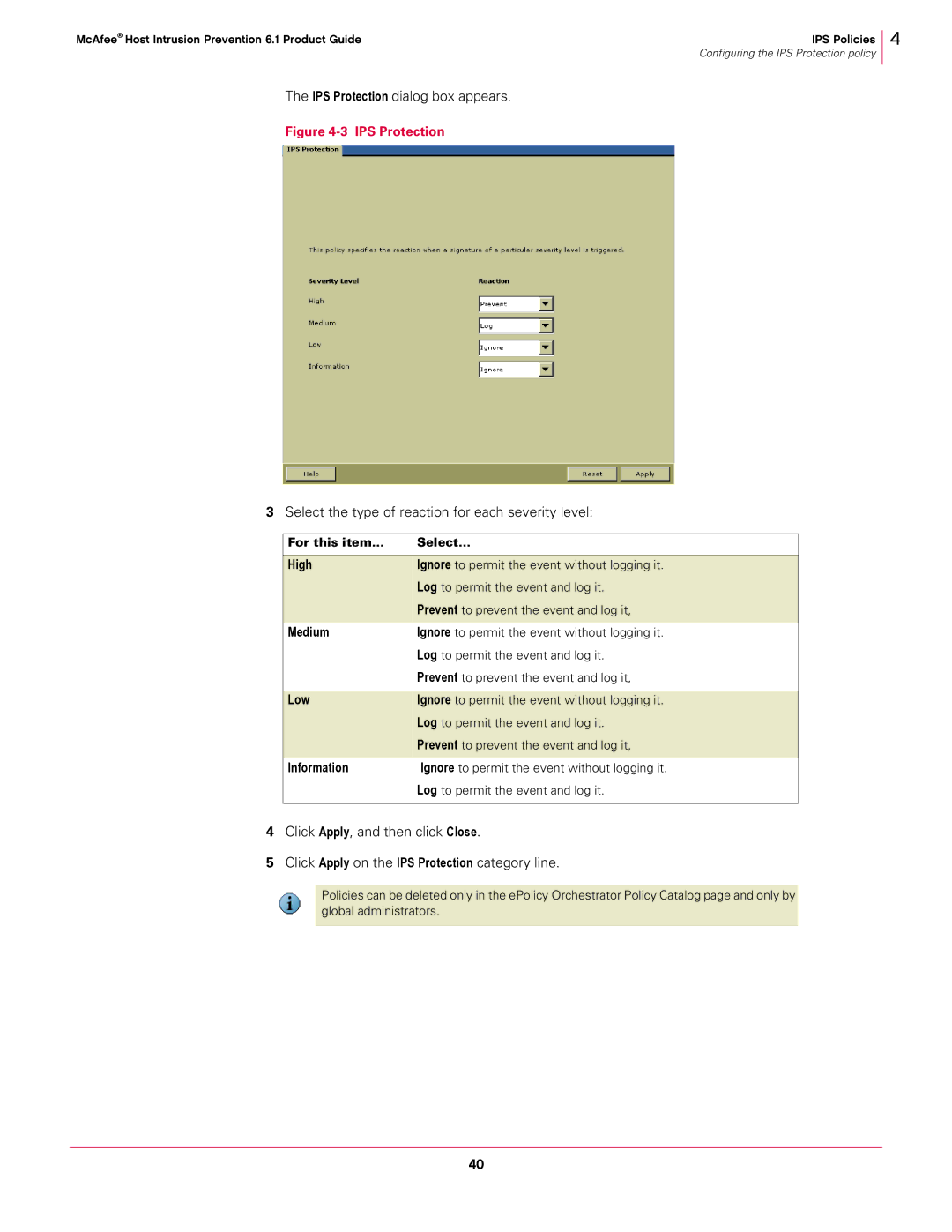 McAfee 6.1 manual IPS Protection dialog box appears, Select the type of reaction for each severity level 