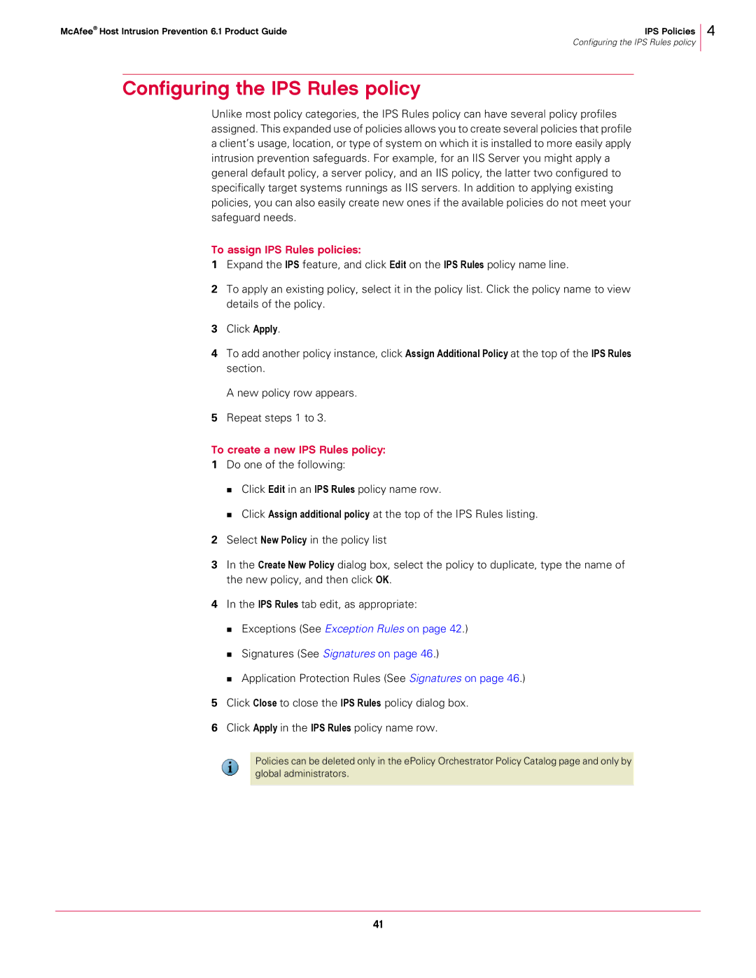 McAfee 6.1 manual Configuring the IPS Rules policy, To assign IPS Rules policies, To create a new IPS Rules policy 