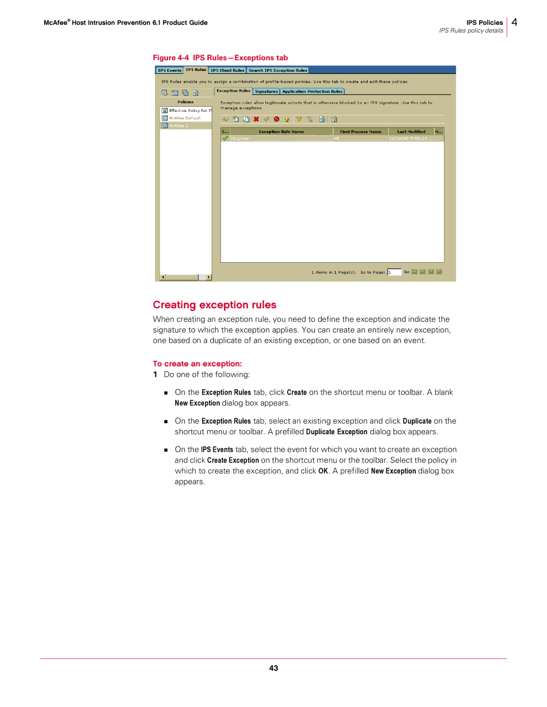 McAfee 6.1 manual Creating exception rules, To create an exception 