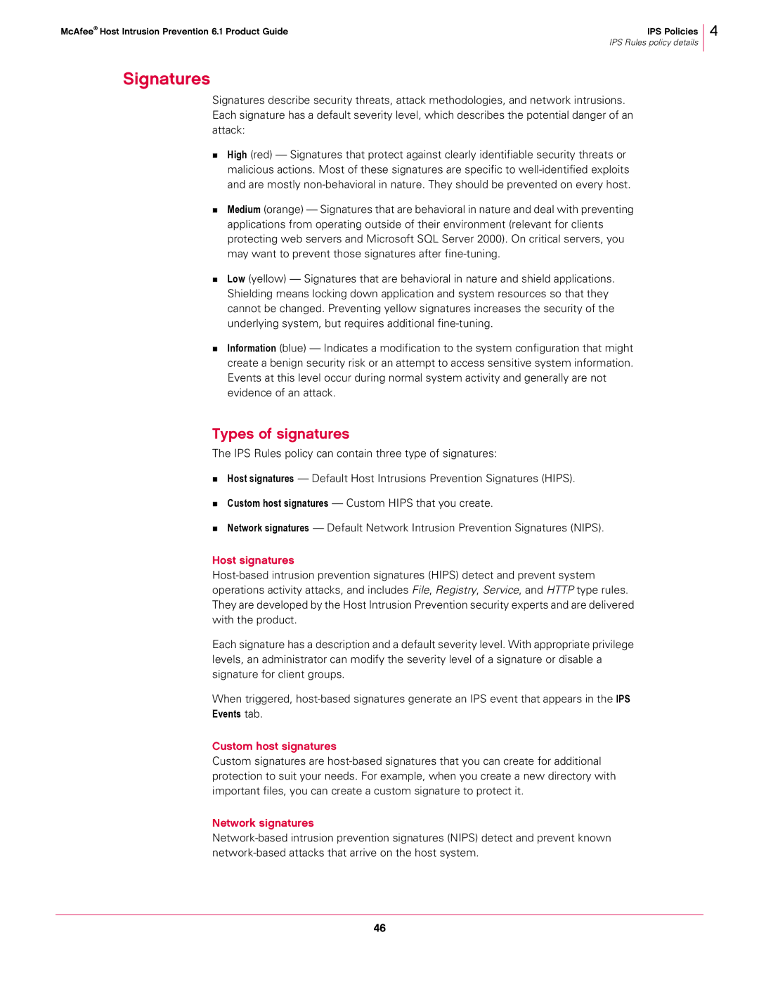 McAfee 6.1 manual Signatures, Types of signatures, Host signatures, Custom host signatures, Network signatures 