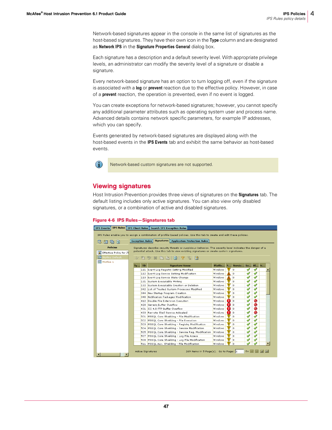 McAfee 6.1 manual Viewing signatures, IPS Rules-Signatures tab 