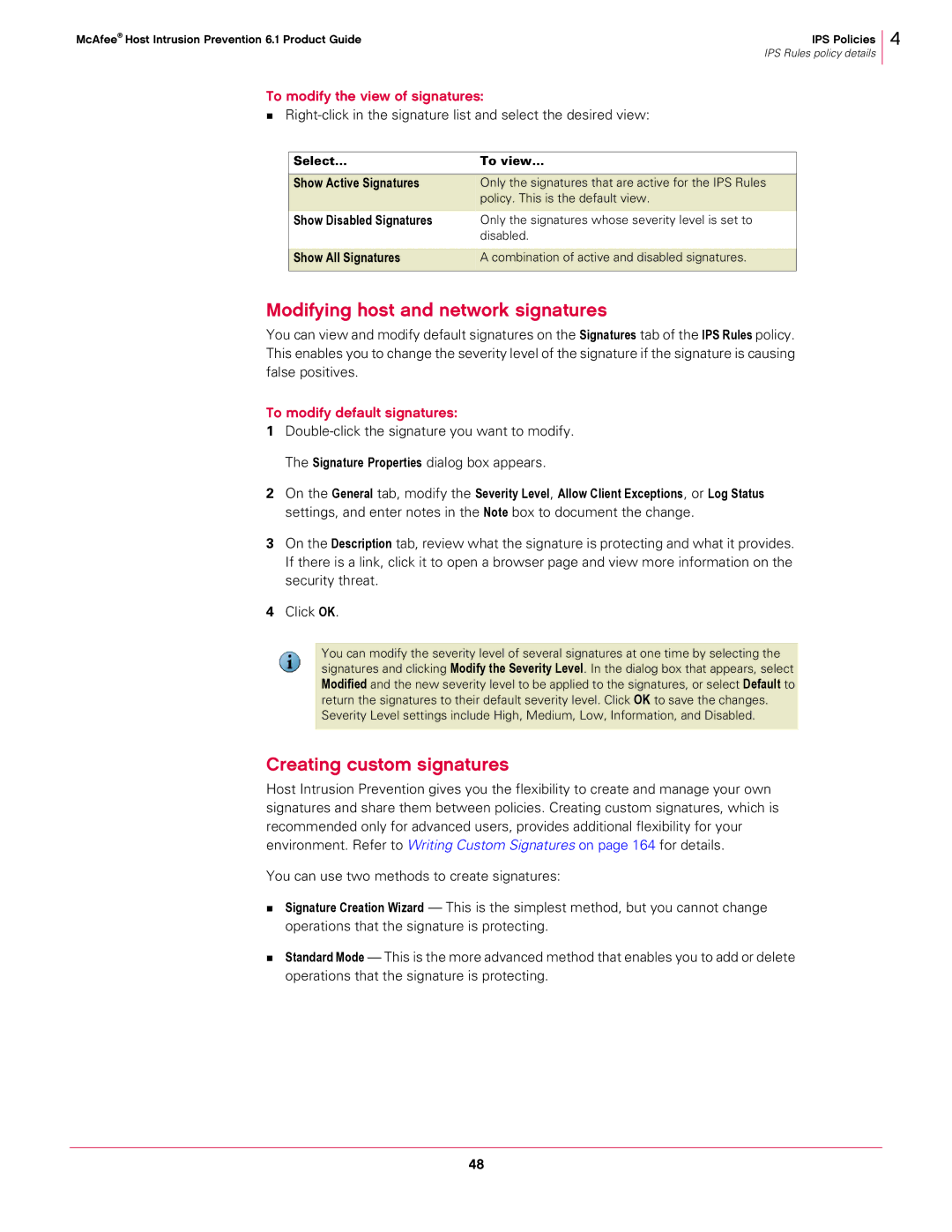 McAfee 6.1 manual Modifying host and network signatures, Creating custom signatures, To modify the view of signatures 