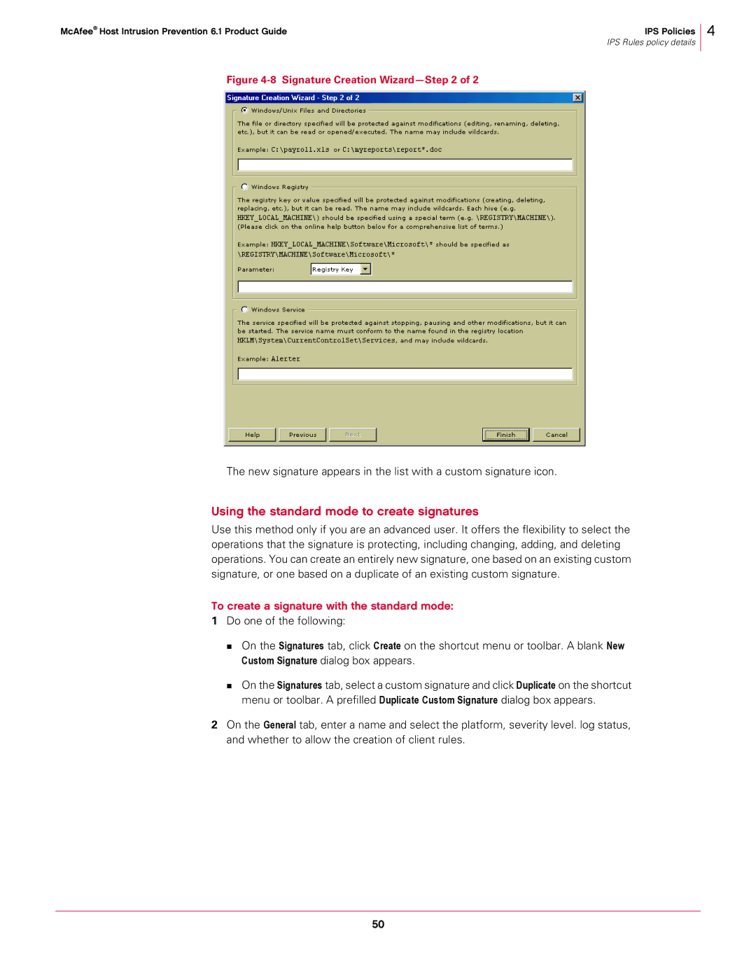 McAfee 6.1 manual Using the standard mode to create signatures, To create a signature with the standard mode 