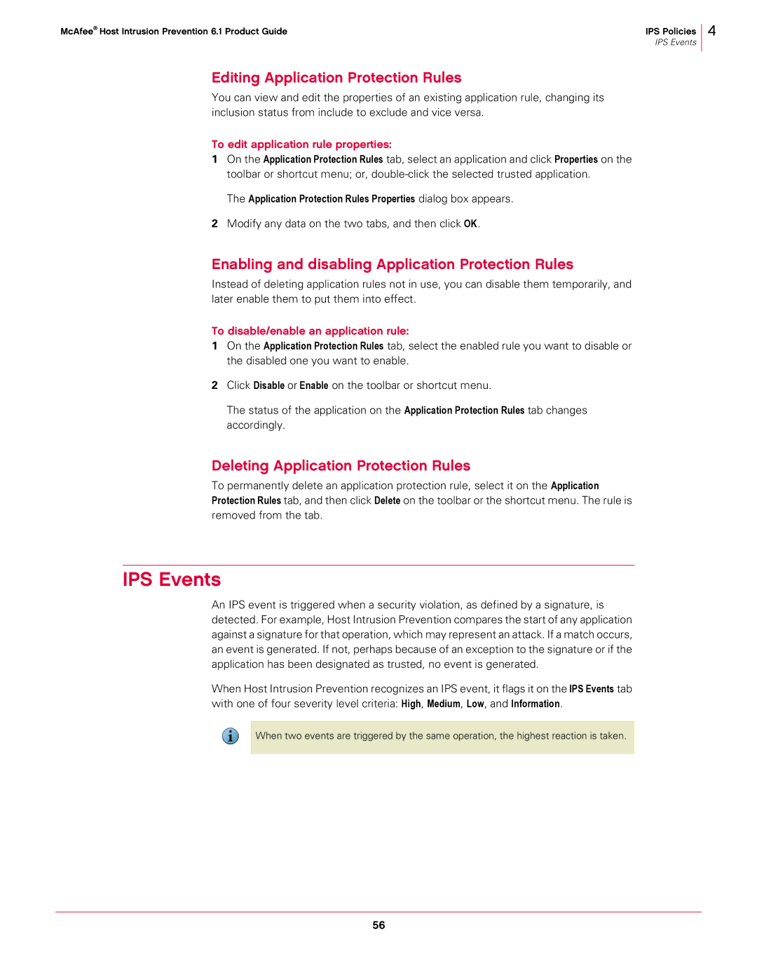 McAfee 6.1 manual IPS Events, Editing Application Protection Rules, Enabling and disabling Application Protection Rules 