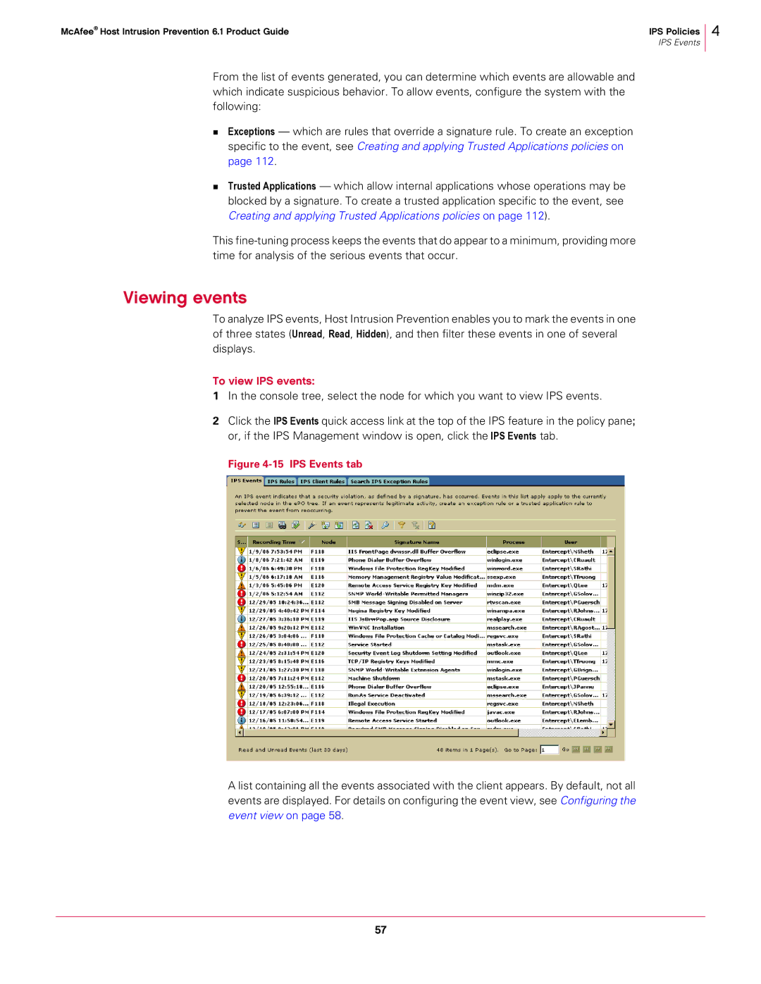 McAfee 6.1 manual Viewing events, To view IPS events 