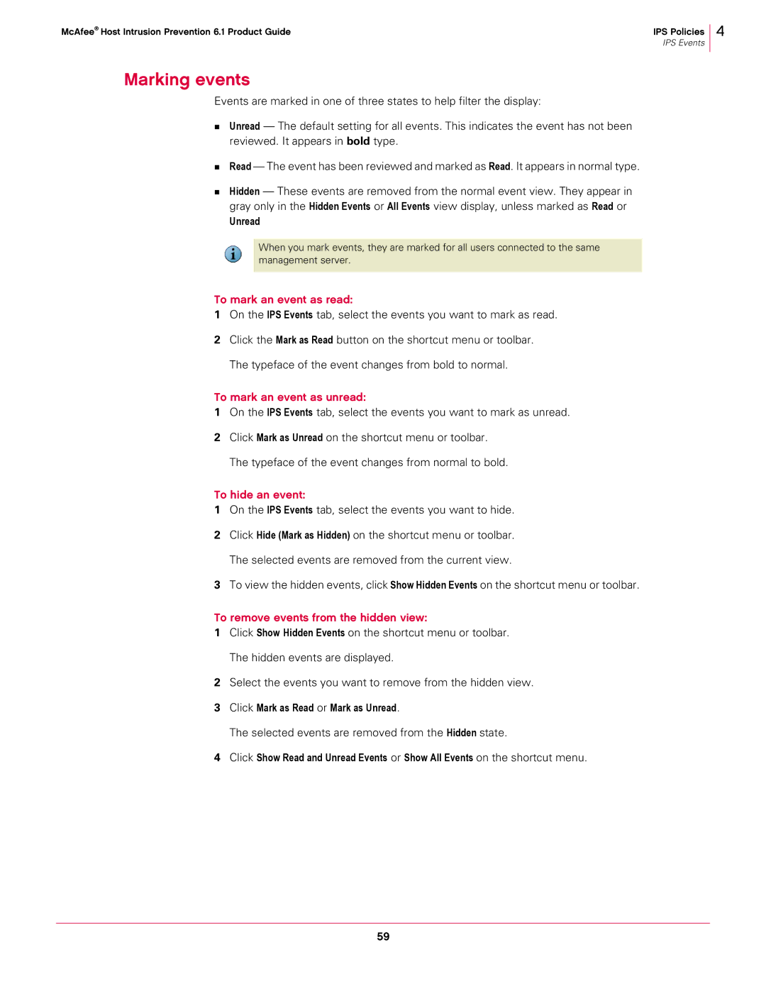 McAfee 6.1 manual Marking events, To mark an event as read, To mark an event as unread, To hide an event 