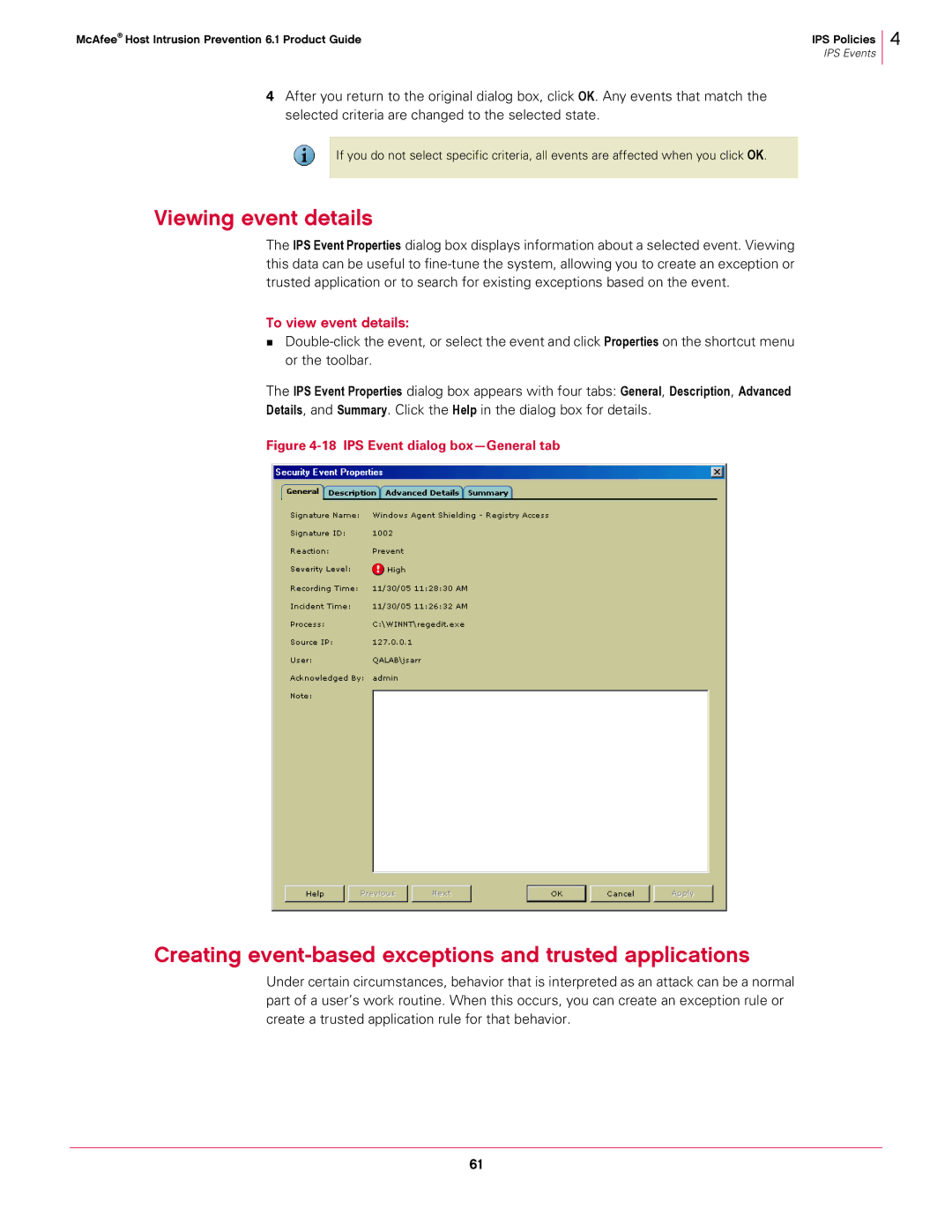 McAfee 6.1 manual Viewing event details, Creating event-based exceptions and trusted applications, To view event details 
