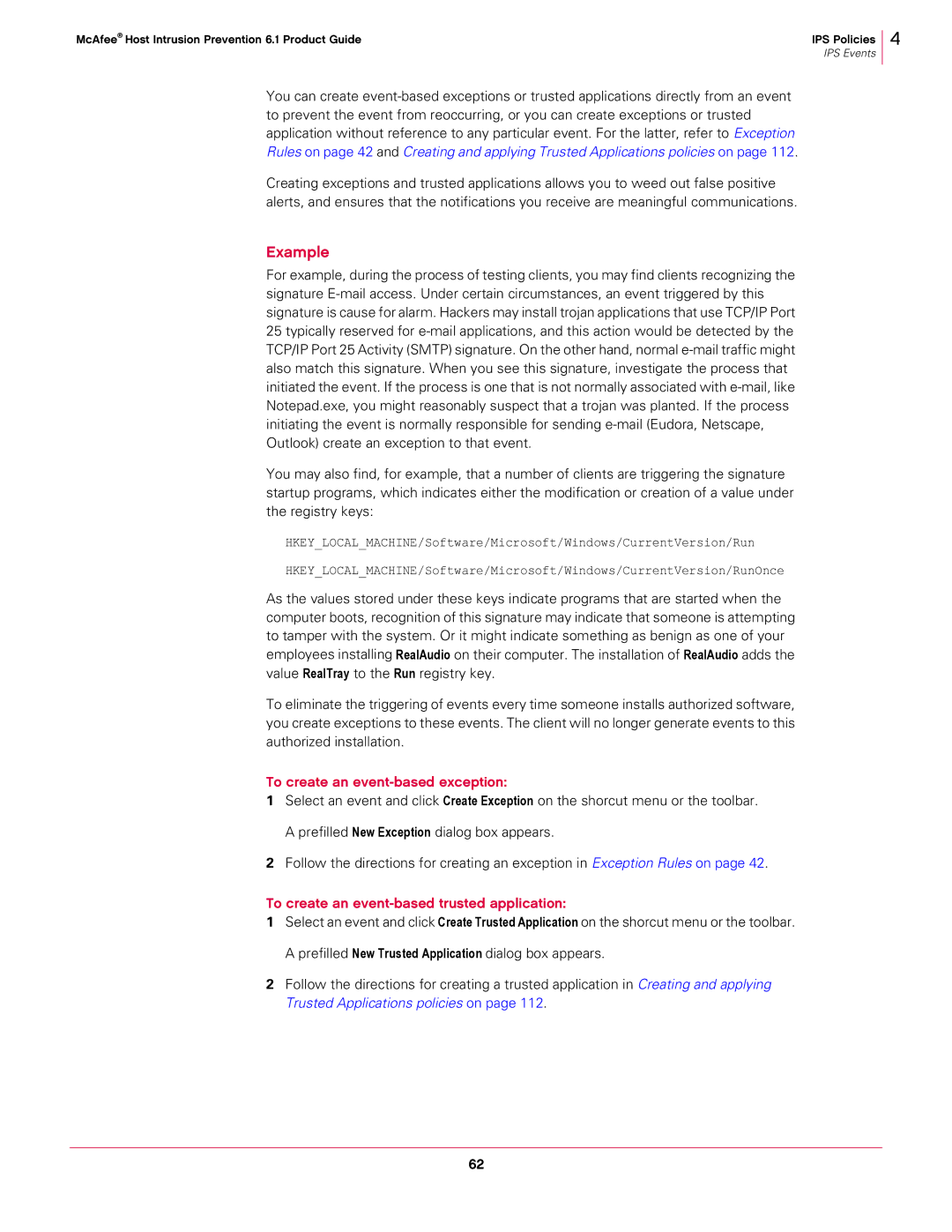 McAfee 6.1 manual To create an event-based exception, To create an event-based trusted application 