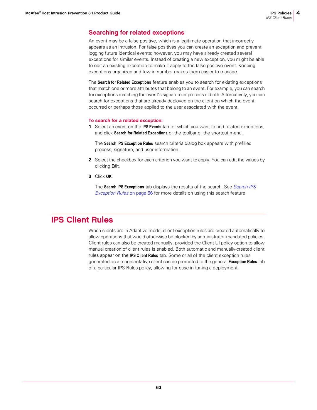 McAfee 6.1 manual IPS Client Rules, Searching for related exceptions, To search for a related exception 