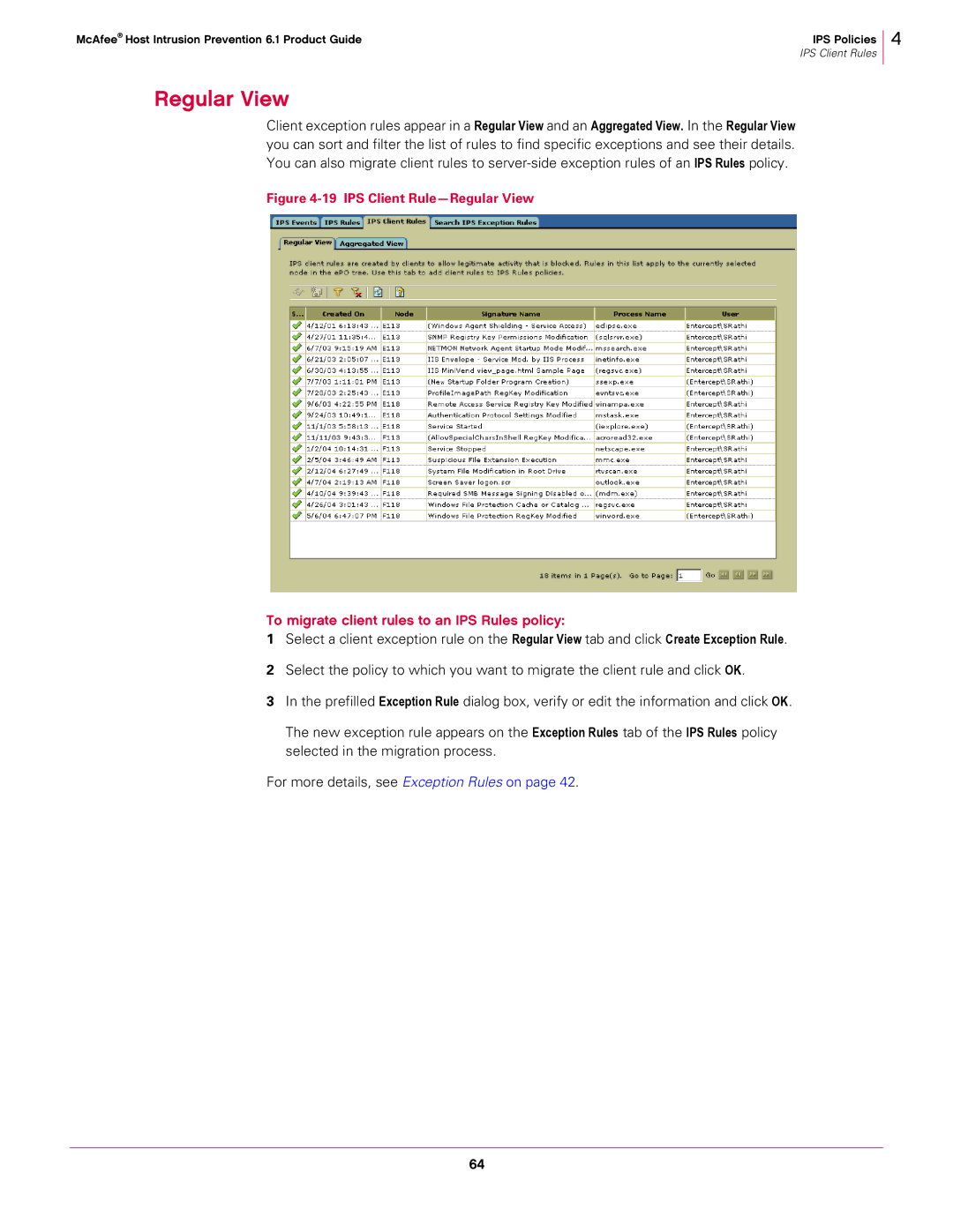 McAfee 6.1 manual Regular View, To migrate client rules to an IPS Rules policy 