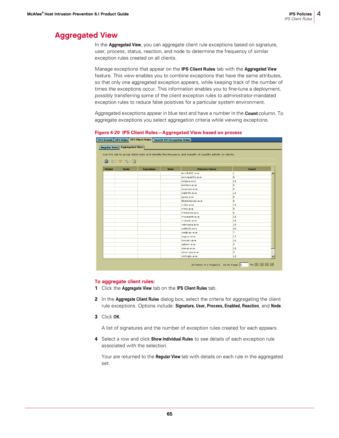 McAfee 6.1 manual Aggregated View, To aggregate client rules, Click the Aggregate View tab on the IPS Client Rules tab 