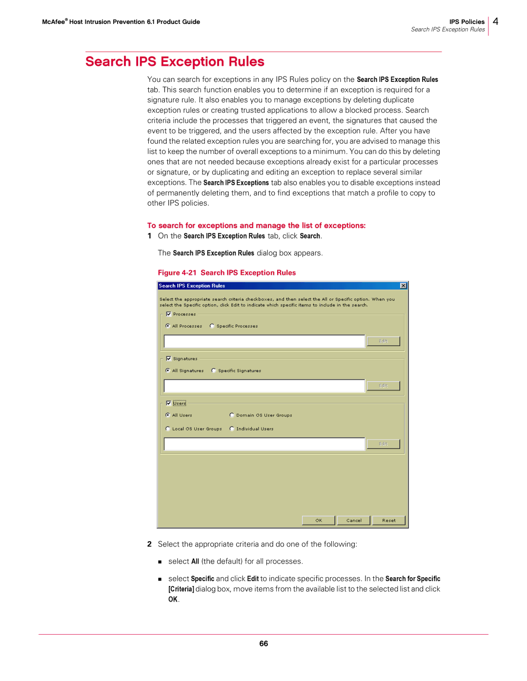 McAfee 6.1 manual Search IPS Exception Rules, To search for exceptions and manage the list of exceptions 