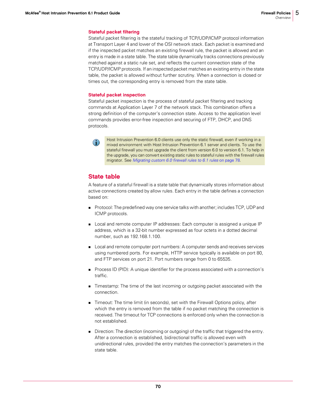 McAfee 6.1 manual State table, Stateful packet filtering, Stateful packet inspection 