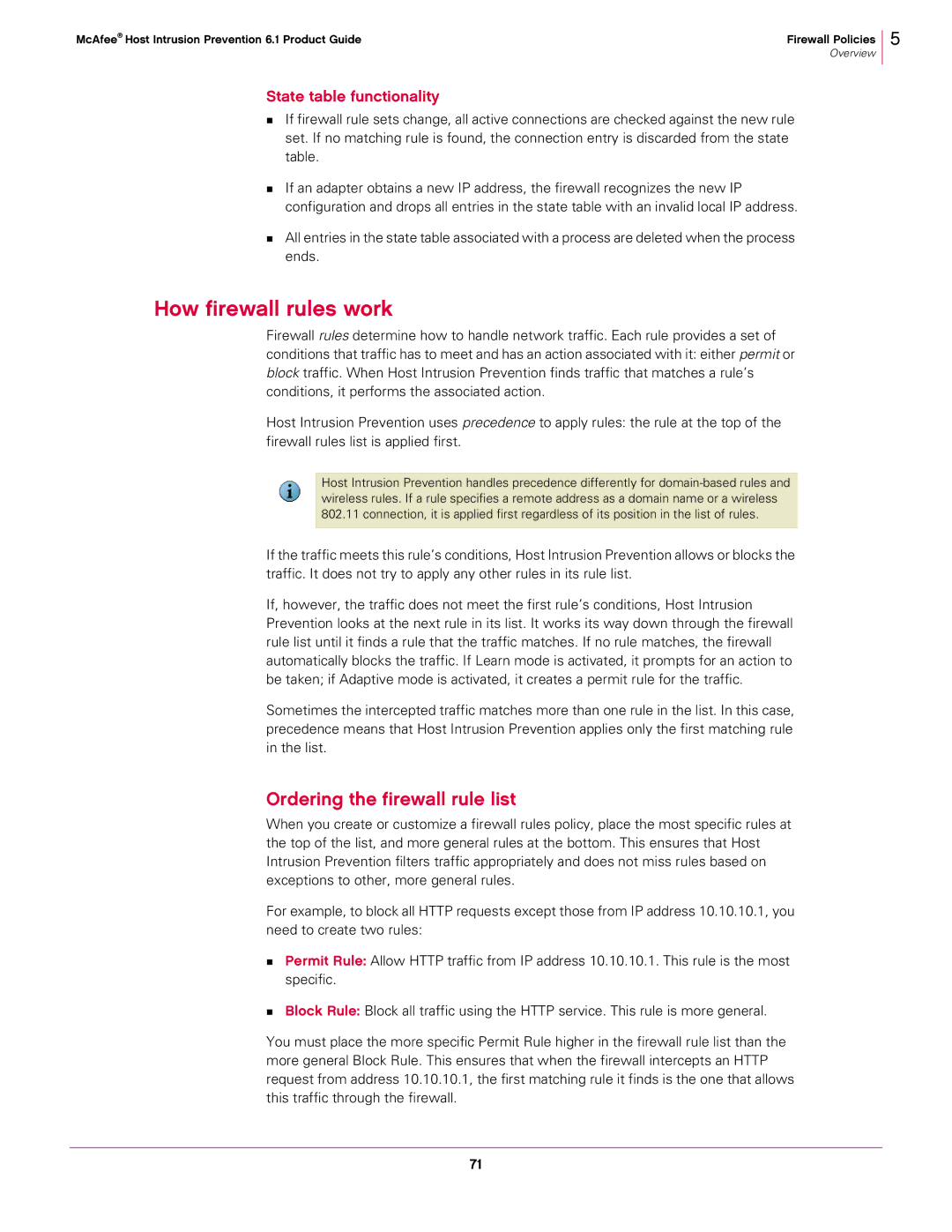 McAfee 6.1 manual How firewall rules work, Ordering the firewall rule list 