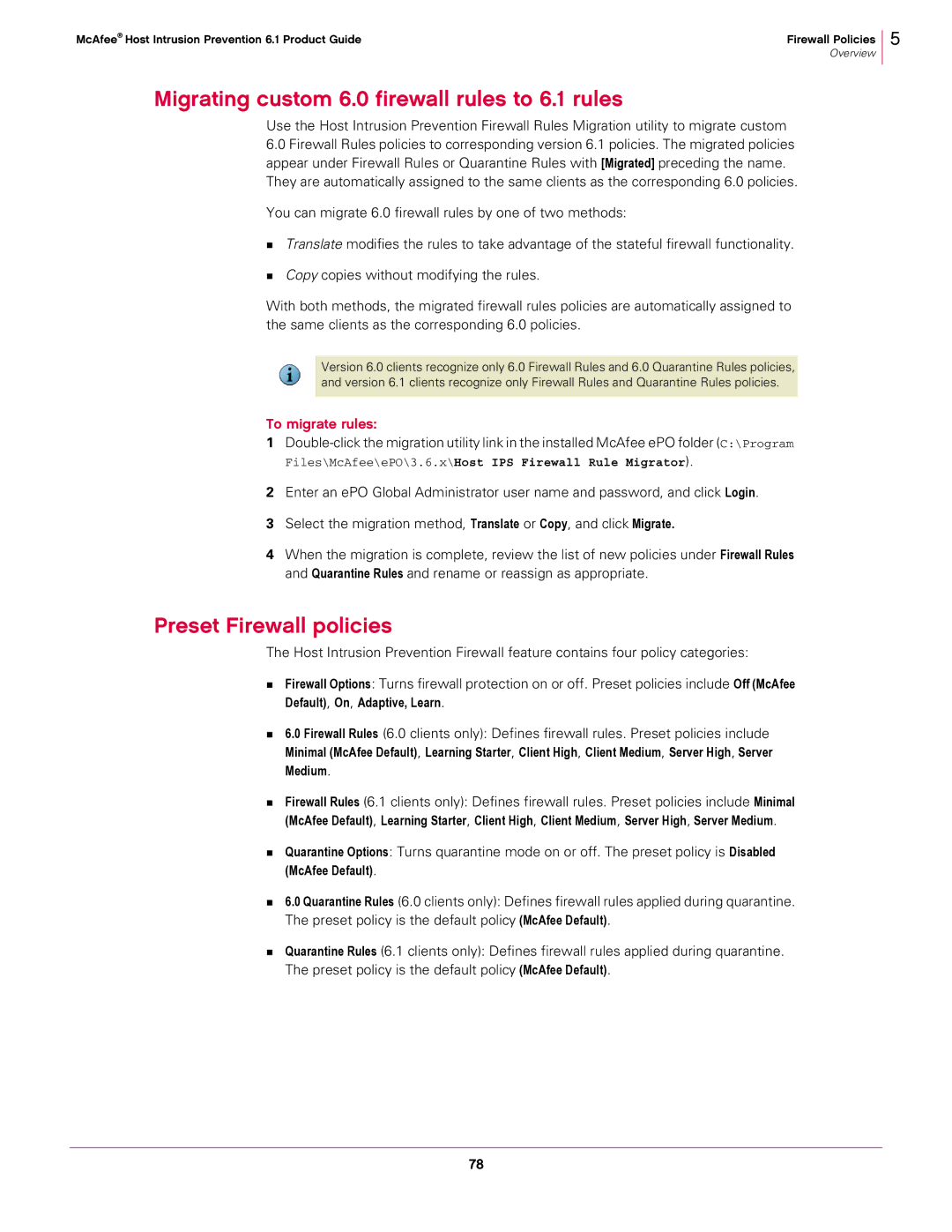 McAfee manual Migrating custom 6.0 firewall rules to 6.1 rules, Preset Firewall policies, To migrate rules 