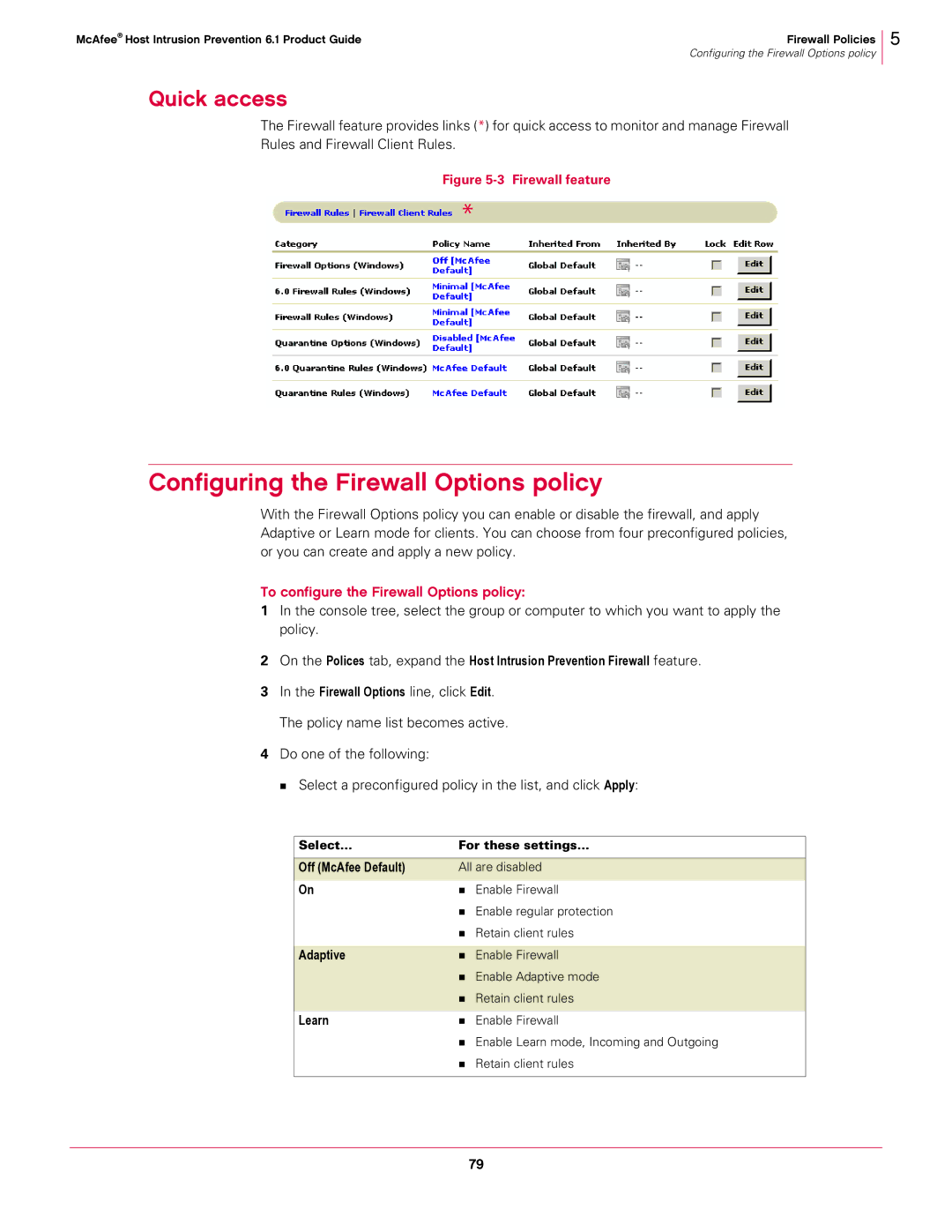 McAfee 6.1 manual Configuring the Firewall Options policy, To configure the Firewall Options policy, Learn 