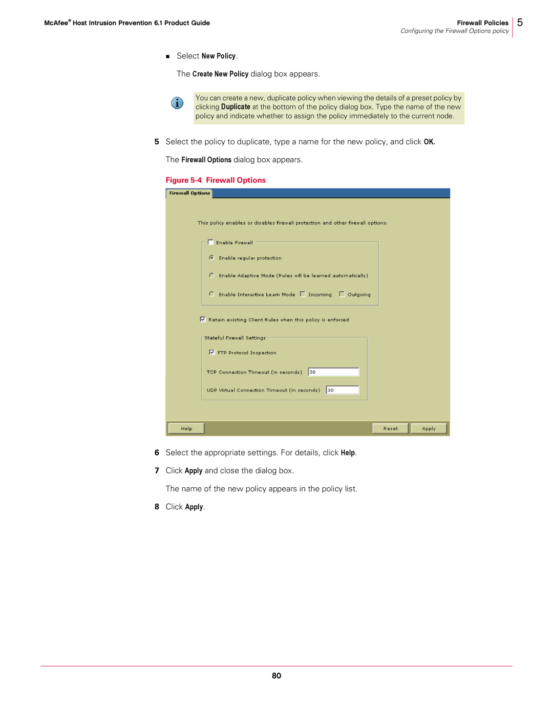 McAfee 6.1 manual Create New Policy dialog box appears, „ Select New Policy 