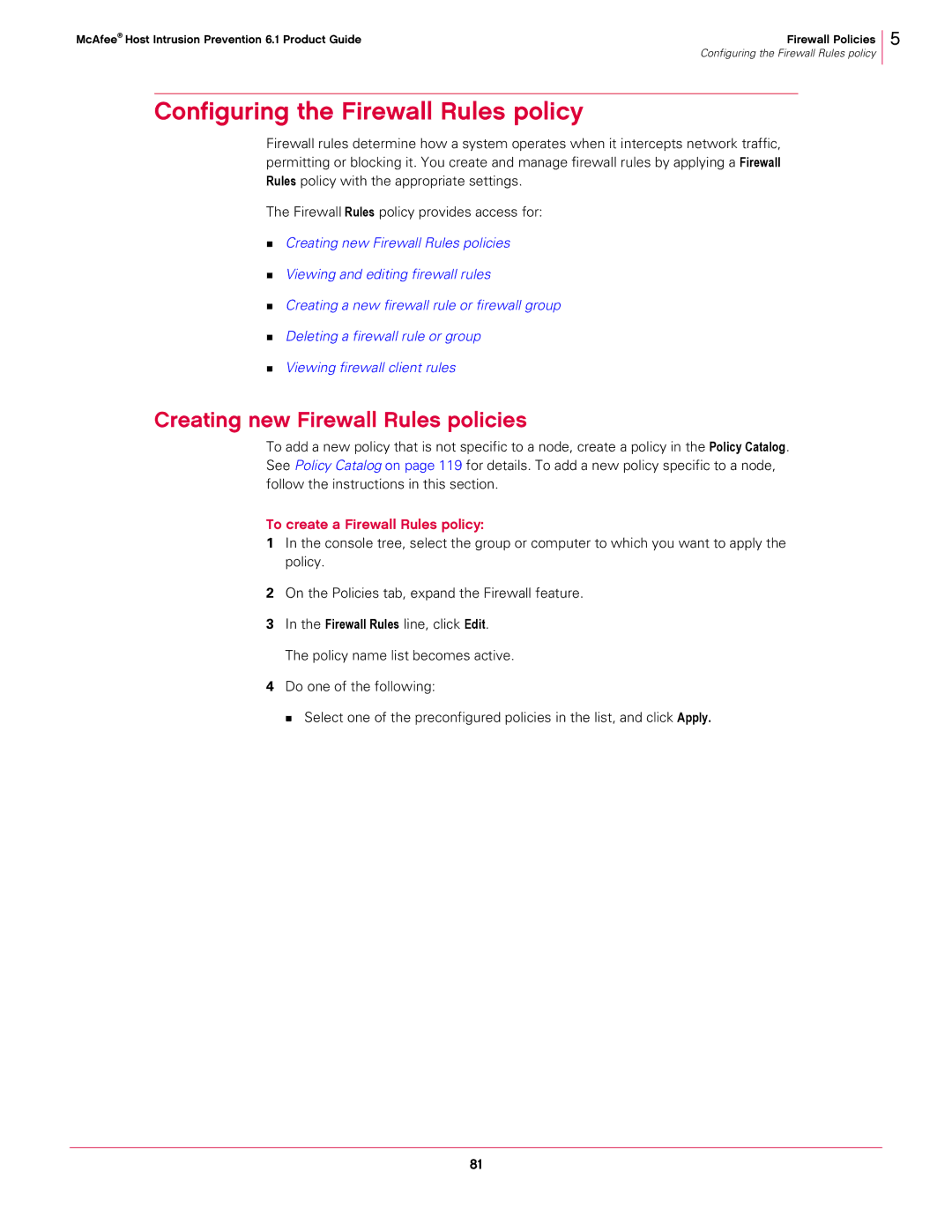 McAfee 6.1 Configuring the Firewall Rules policy, Creating new Firewall Rules policies, To create a Firewall Rules policy 