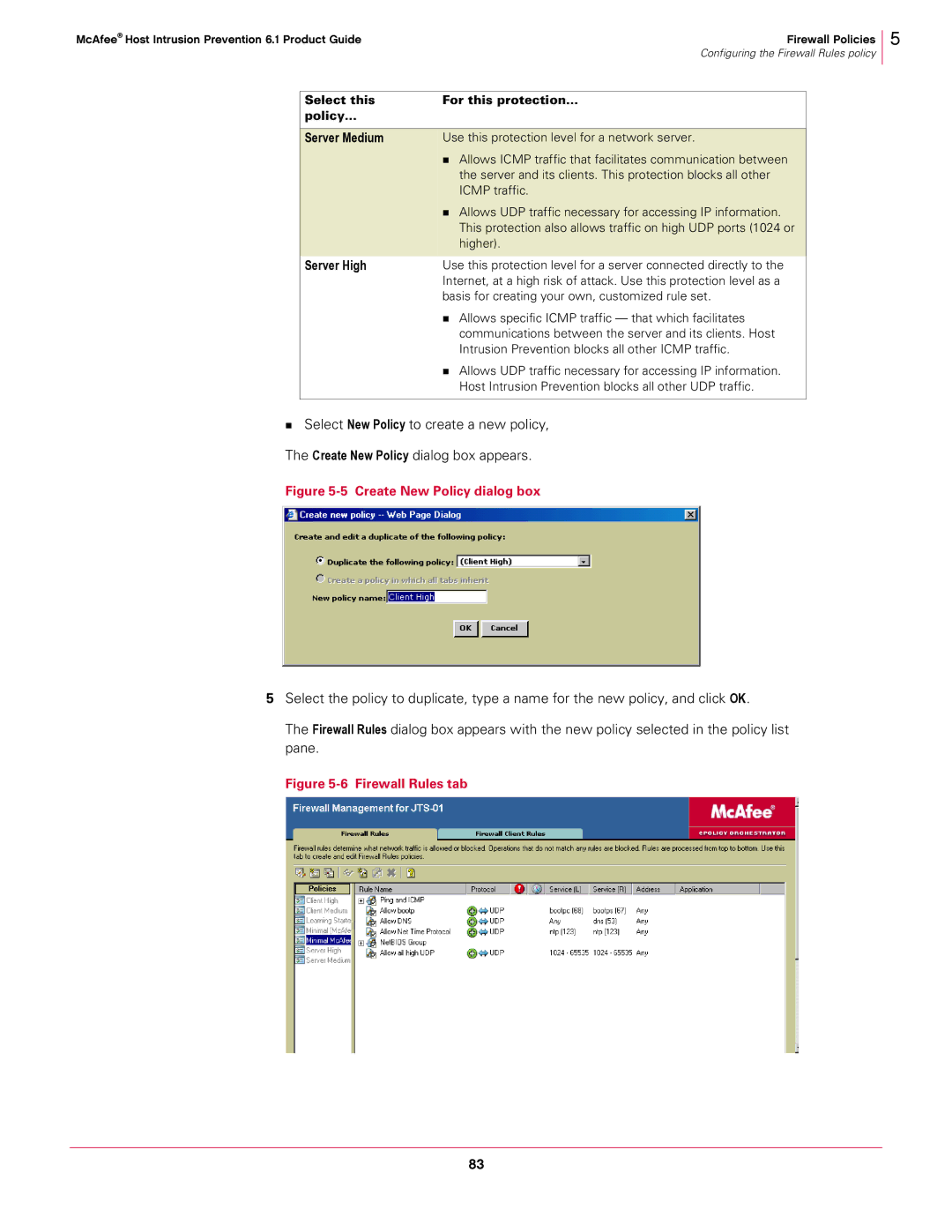 McAfee 6.1 manual Select this For this protection Policy Server Medium, Server High 