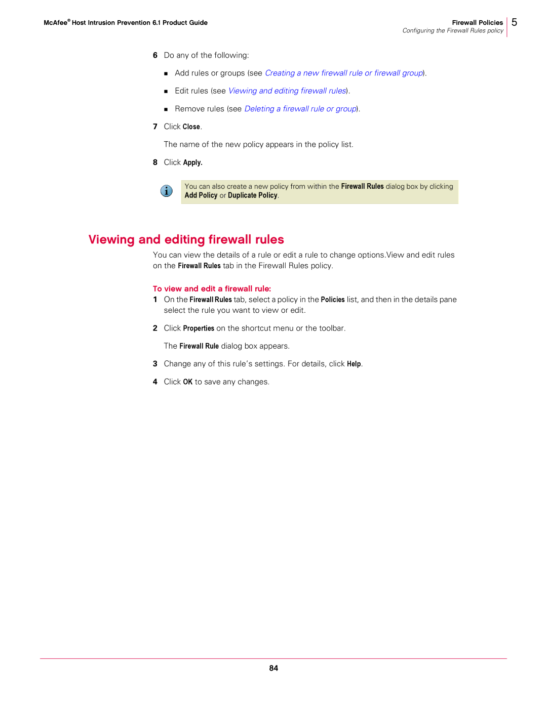 McAfee 6.1 manual Viewing and editing firewall rules, Do any of the following, To view and edit a firewall rule 