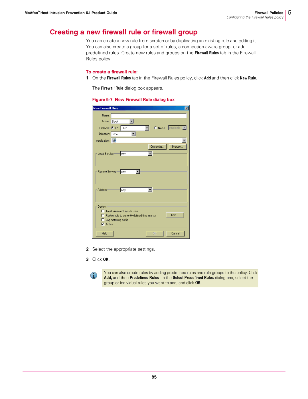 McAfee 6.1 manual Creating a new firewall rule or firewall group, To create a firewall rule 