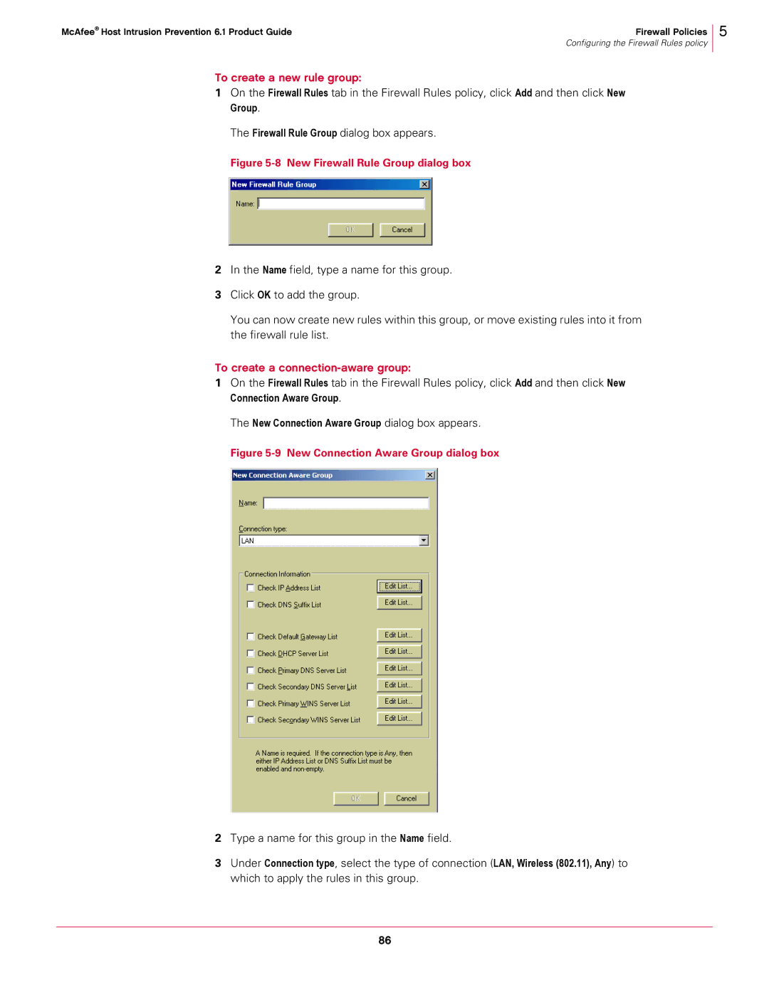 McAfee 6.1 manual To create a new rule group, Firewall Rule Group dialog box appears, To create a connection-aware group 