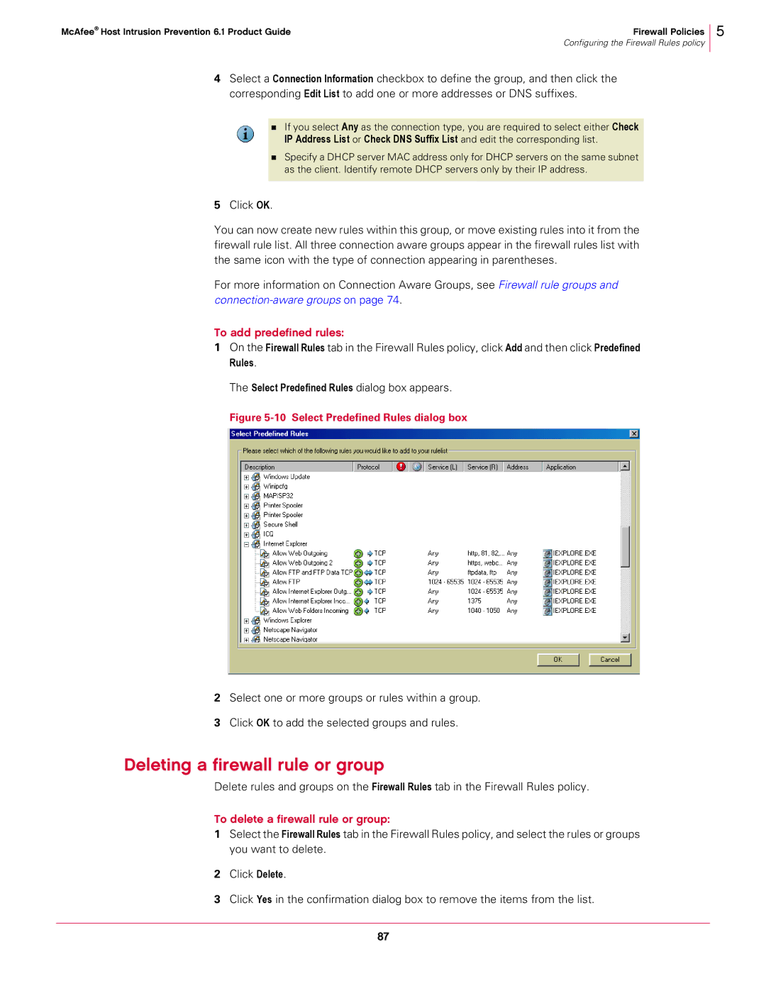 McAfee 6.1 manual Deleting a firewall rule or group, To add predefined rules, To delete a firewall rule or group 