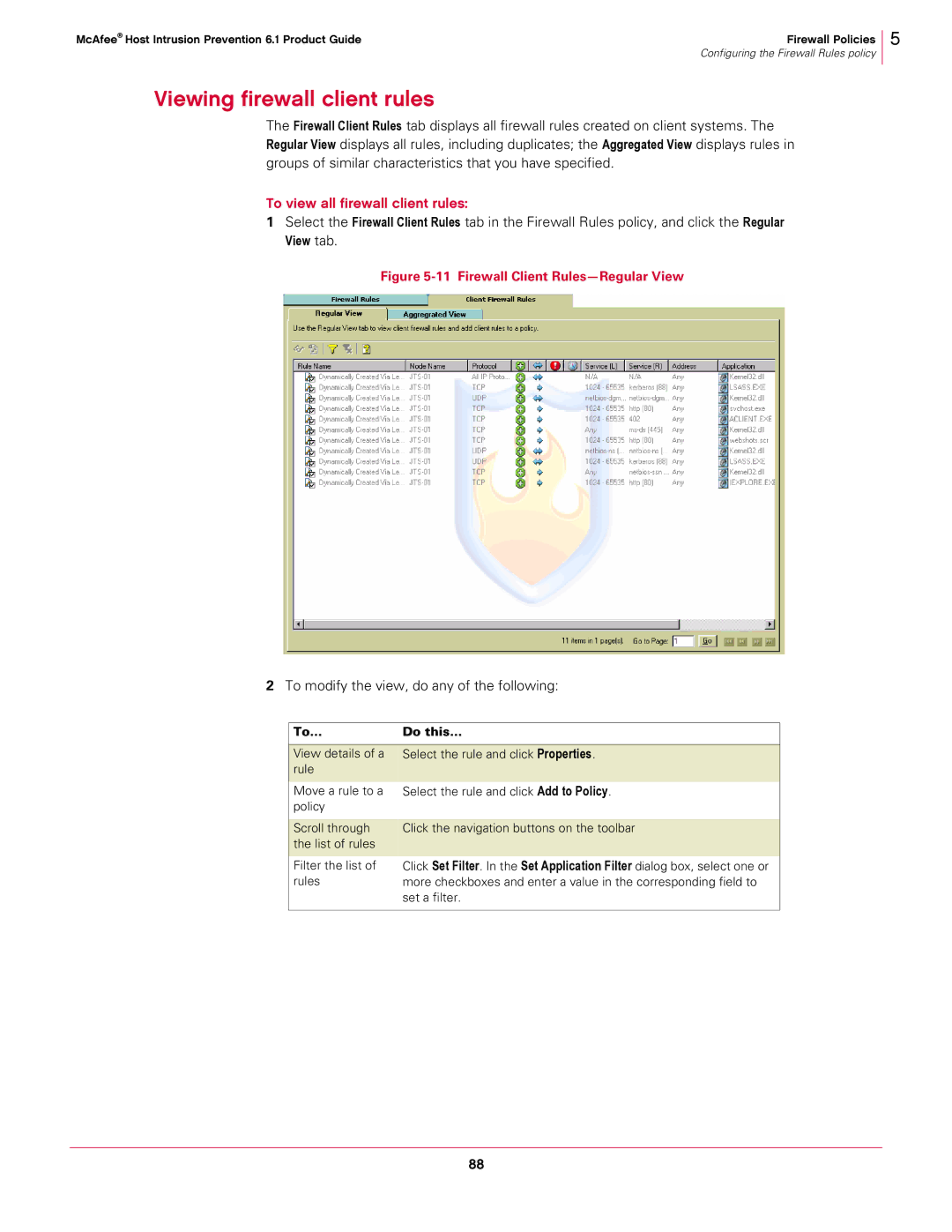 McAfee 6.1 Viewing firewall client rules, To view all firewall client rules, To modify the view, do any of the following 