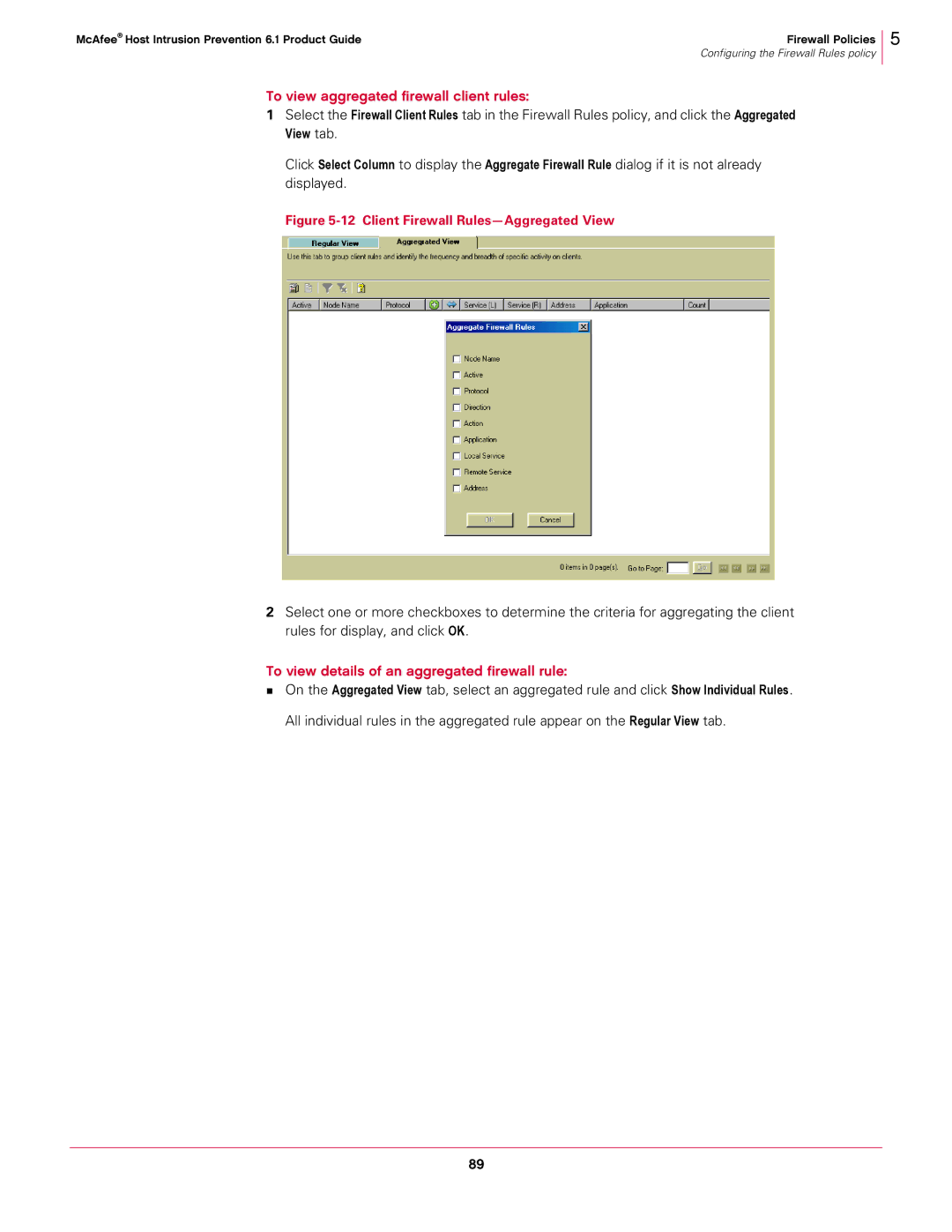 McAfee 6.1 manual To view aggregated firewall client rules, To view details of an aggregated firewall rule 