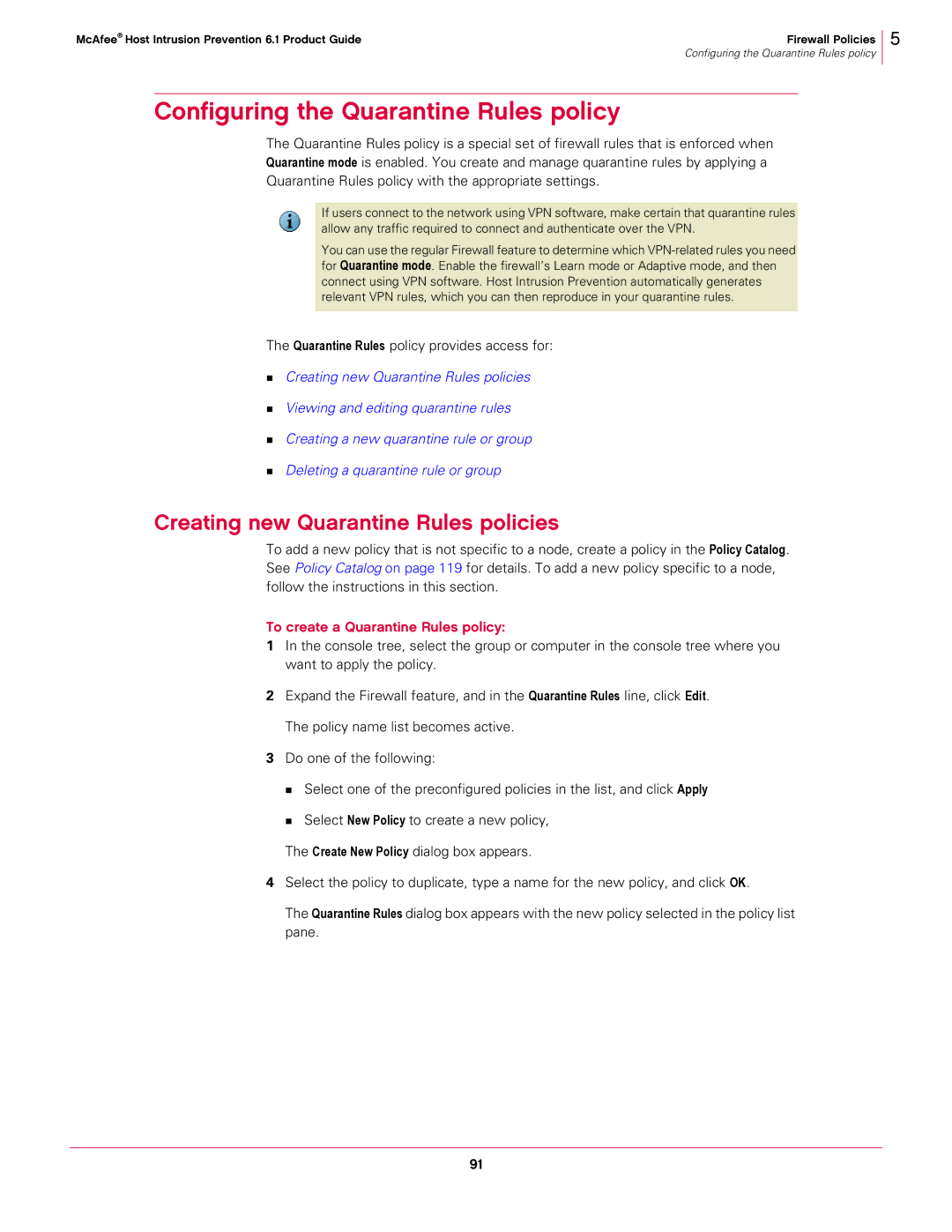 McAfee 6.1 manual Configuring the Quarantine Rules policy, Creating new Quarantine Rules policies 