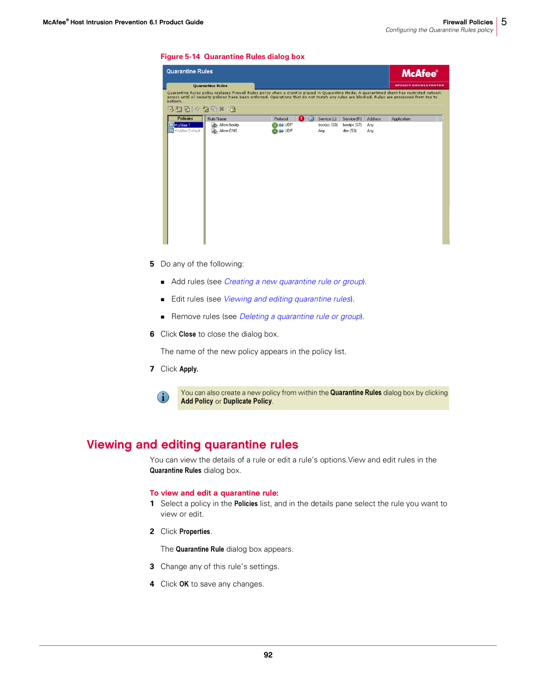 McAfee 6.1 manual Viewing and editing quarantine rules, To view and edit a quarantine rule, Click Properties 